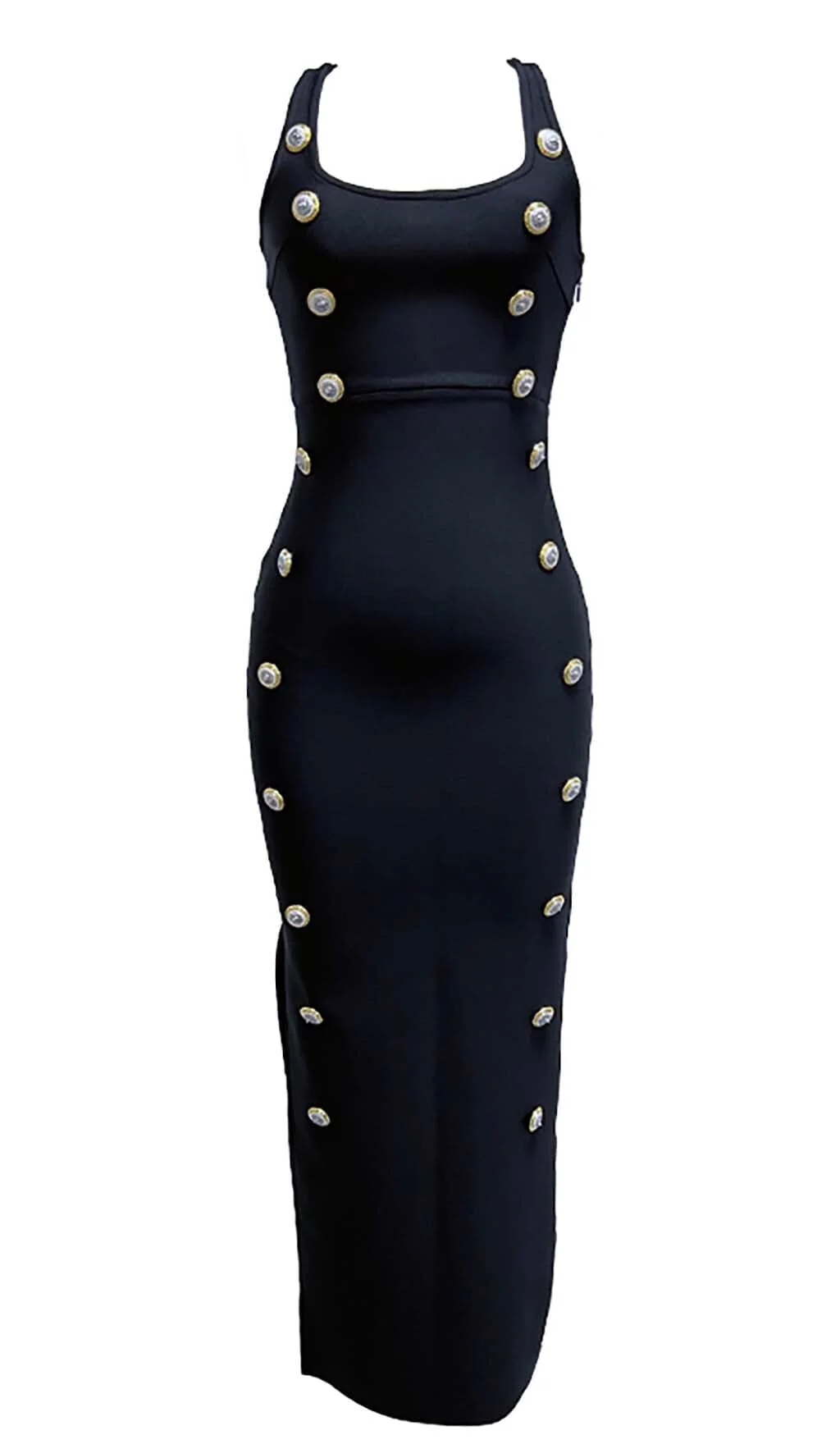 Black Bandage Maxi Dress with Embellished Button Detail