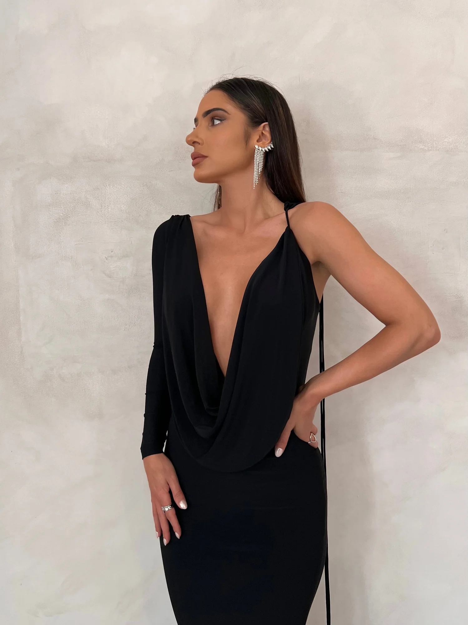 Black One Shoulder Maxi Dress - Reversible Classic Design