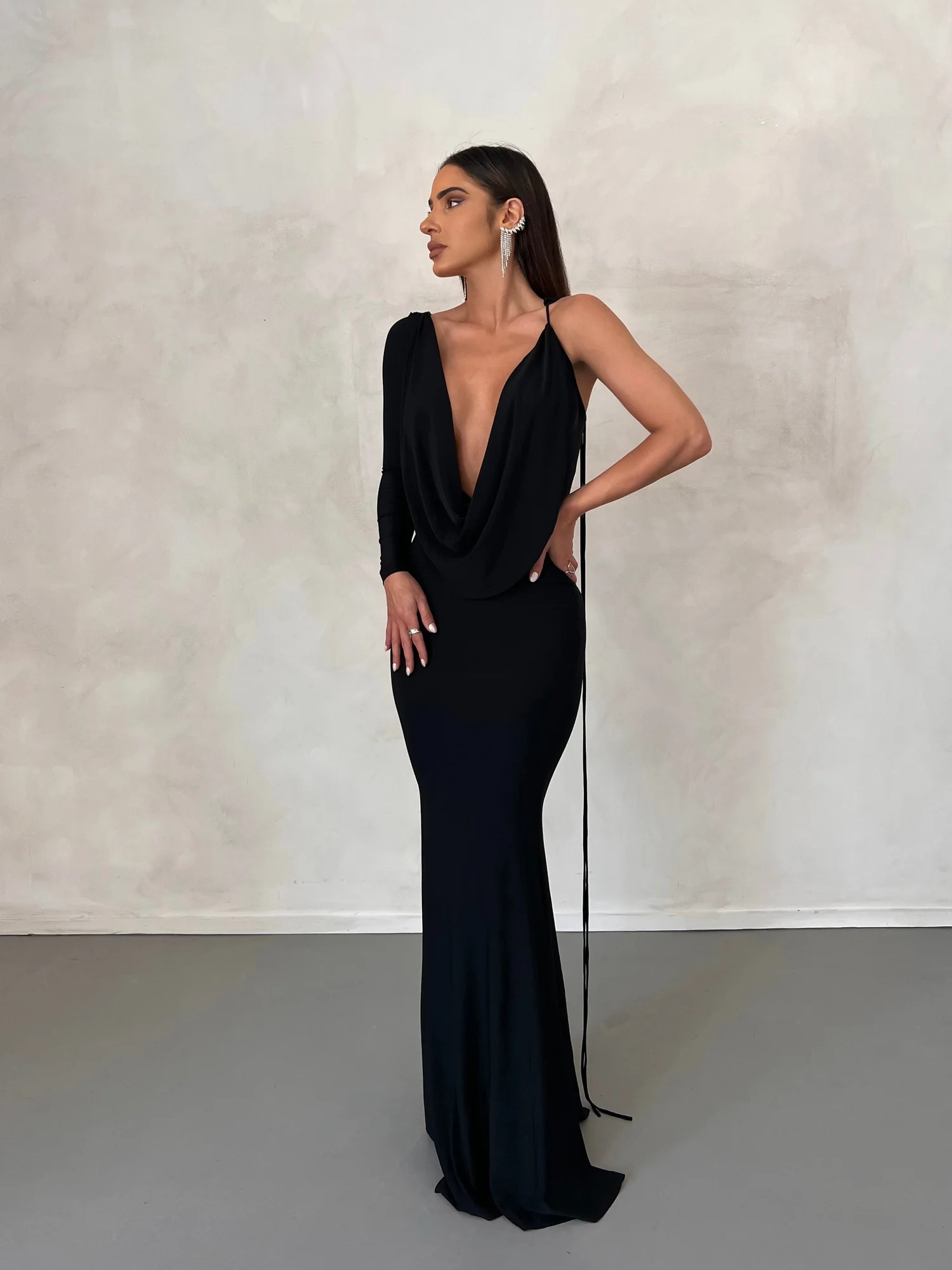 Black One Shoulder Maxi Dress - Reversible Classic Design