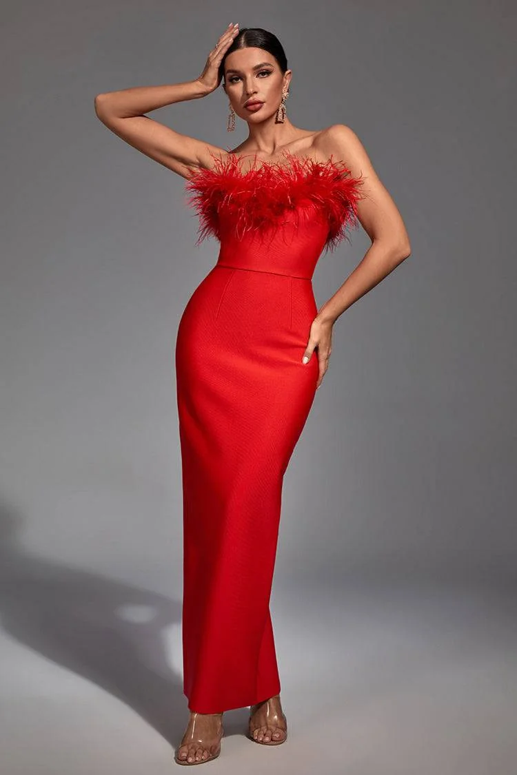 Red Feather Tassel Maxi Dress - Elegant Evening Wear
