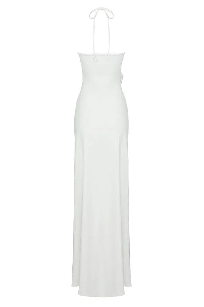 White Halterneck Cutout Maxi Dress - Elegant Floral Long Dress