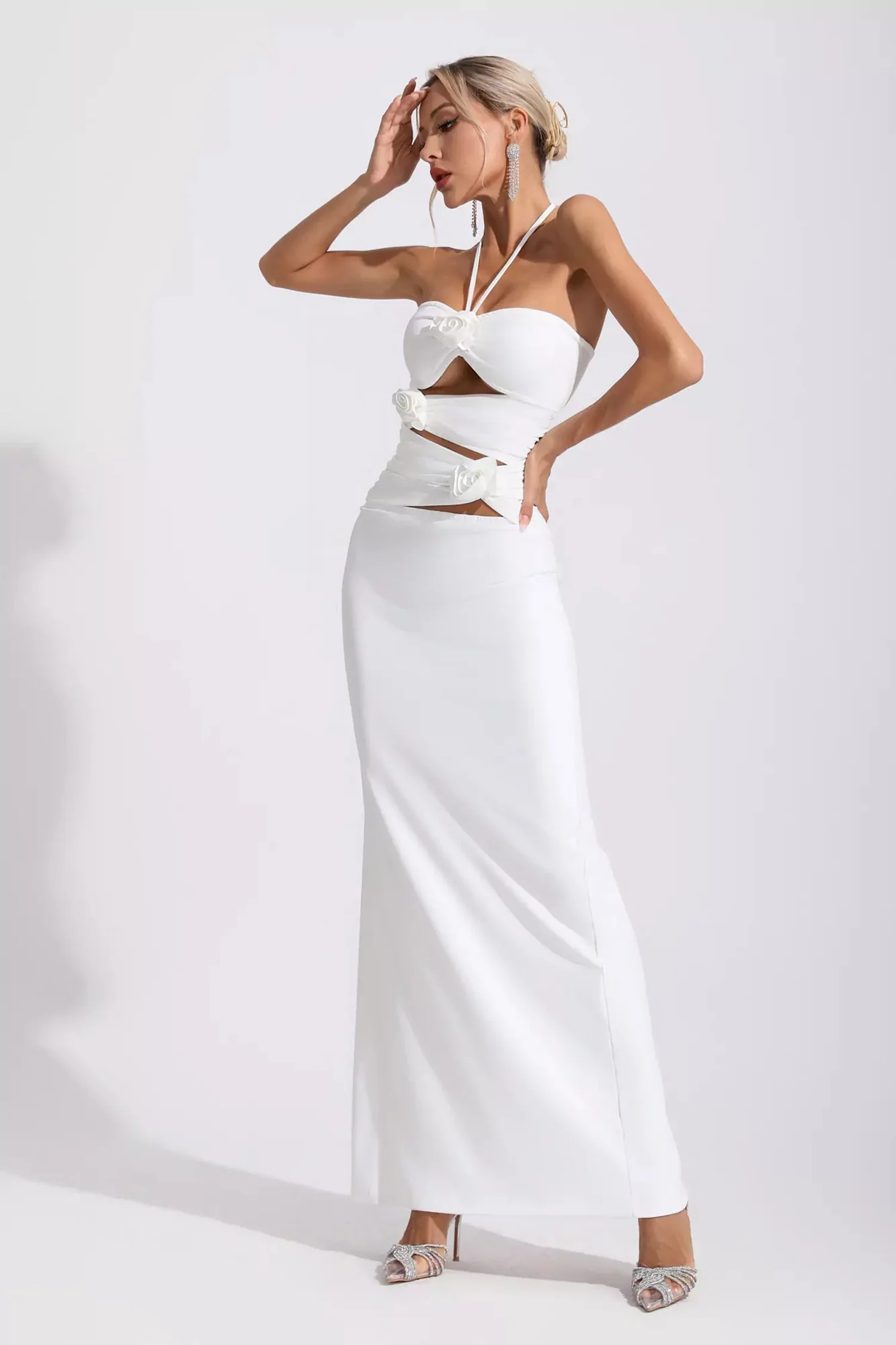 White Halterneck Cutout Maxi Dress - Elegant Floral Long Dress
