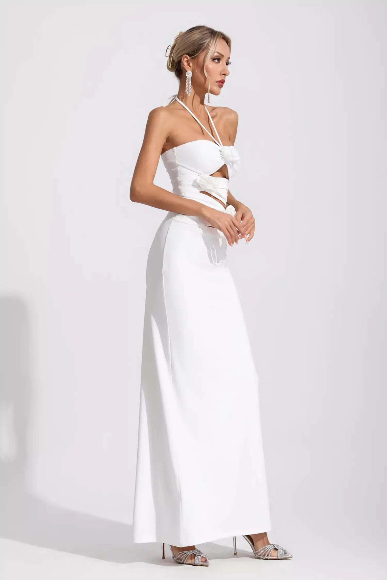 White Halterneck Cutout Maxi Dress - Elegant Floral Long Dress
