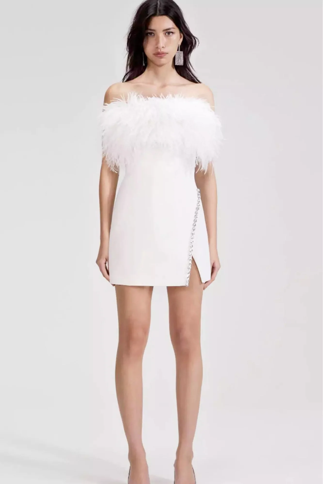 White Feather Off-Shoulder Mini Dress