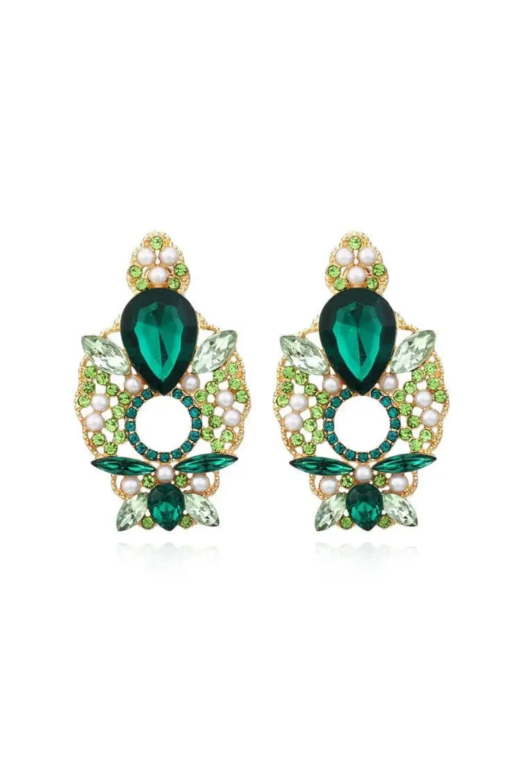 Green Crystal Earrings with Pearl Embellishments