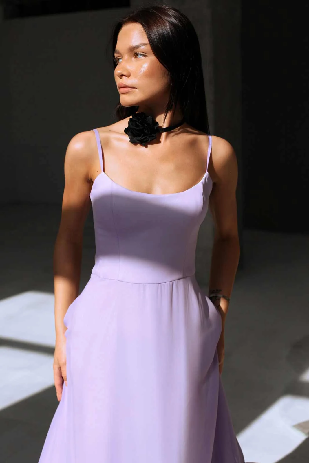 Lavender Flounce Bustier Midi Dress - Elegant Romantic Style