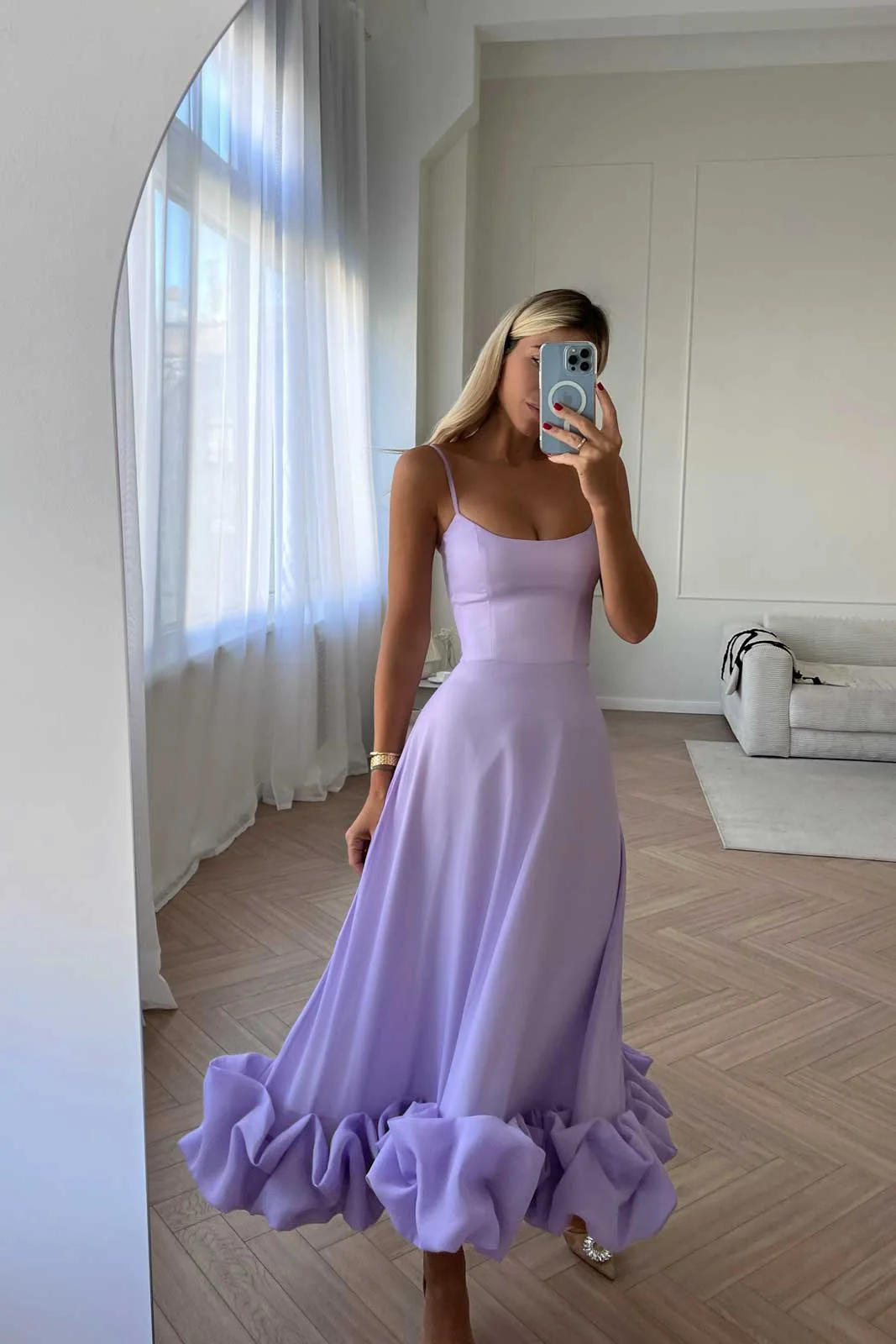 Lavender Flounce Bustier Midi Dress - Elegant Romantic Style