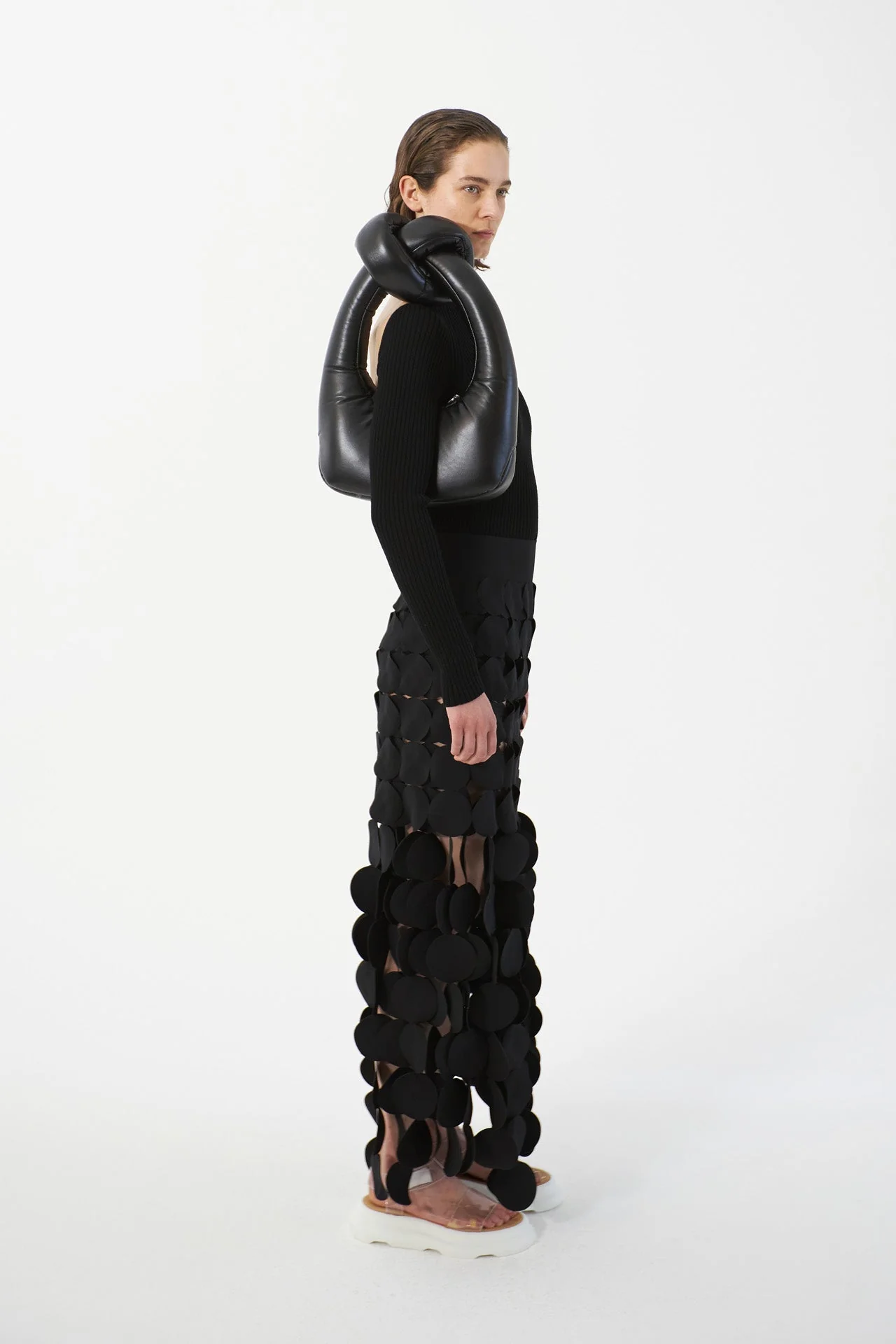 Black Circle Cutout Fringe Skirt with Laser-Cut Detail