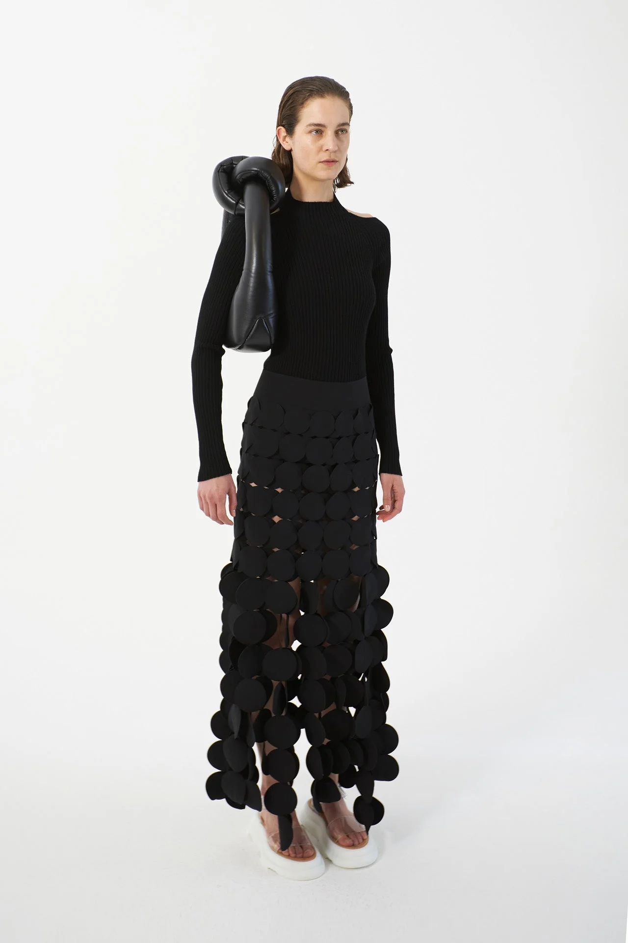 Black Circle Cutout Fringe Skirt with Laser-Cut Detail