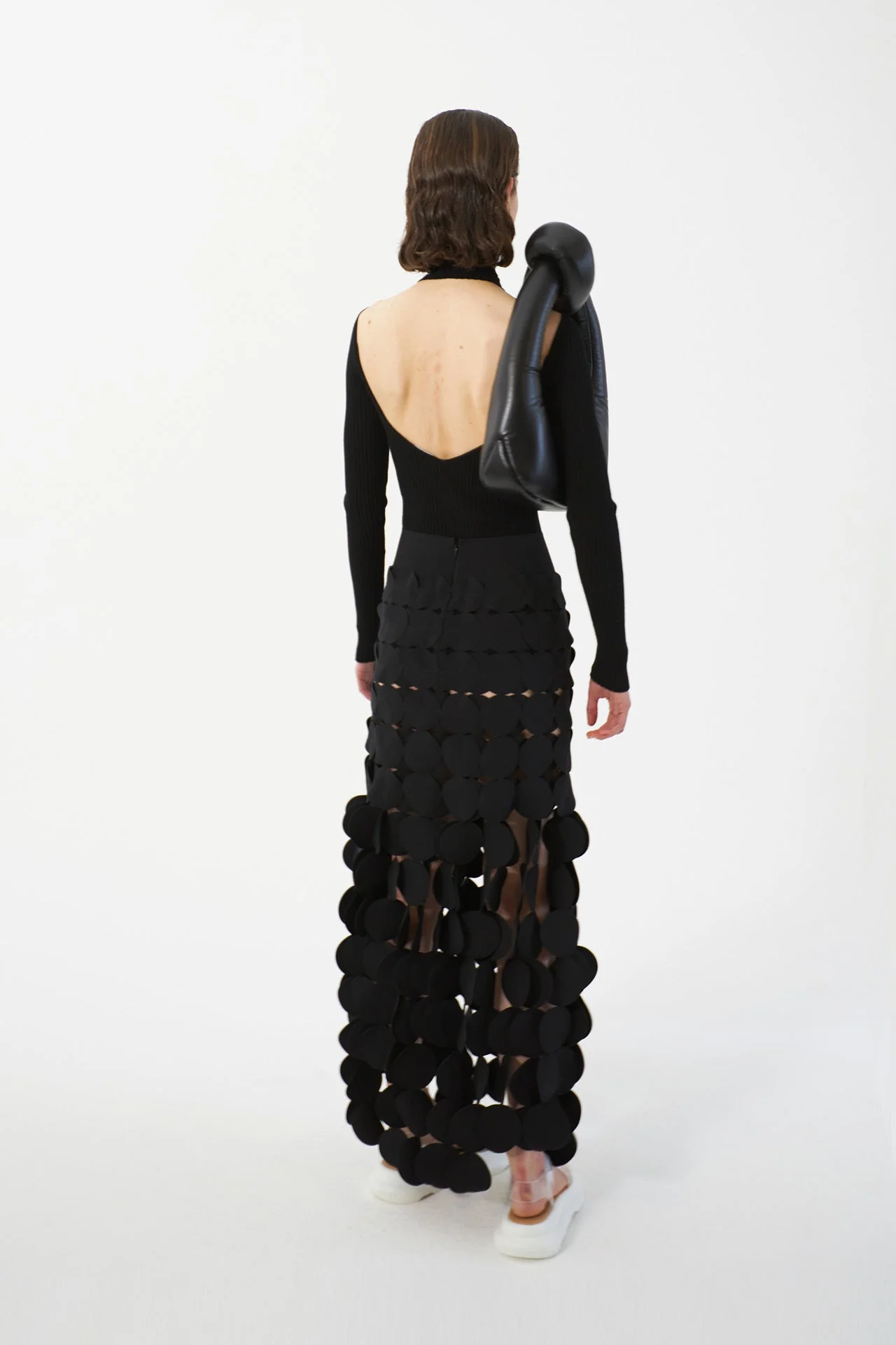 Black Circle Cutout Fringe Skirt with Laser-Cut Detail
