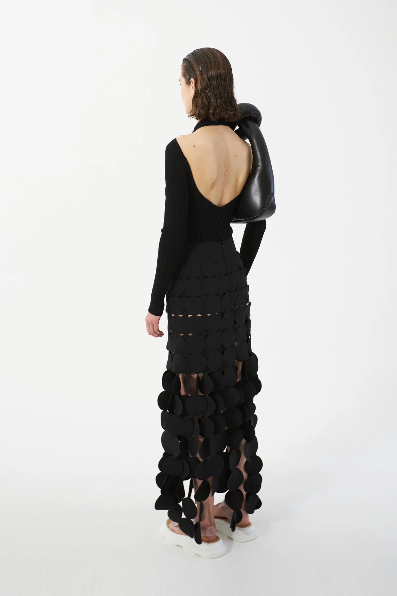 Black Circle Cutout Fringe Skirt with Laser-Cut Detail