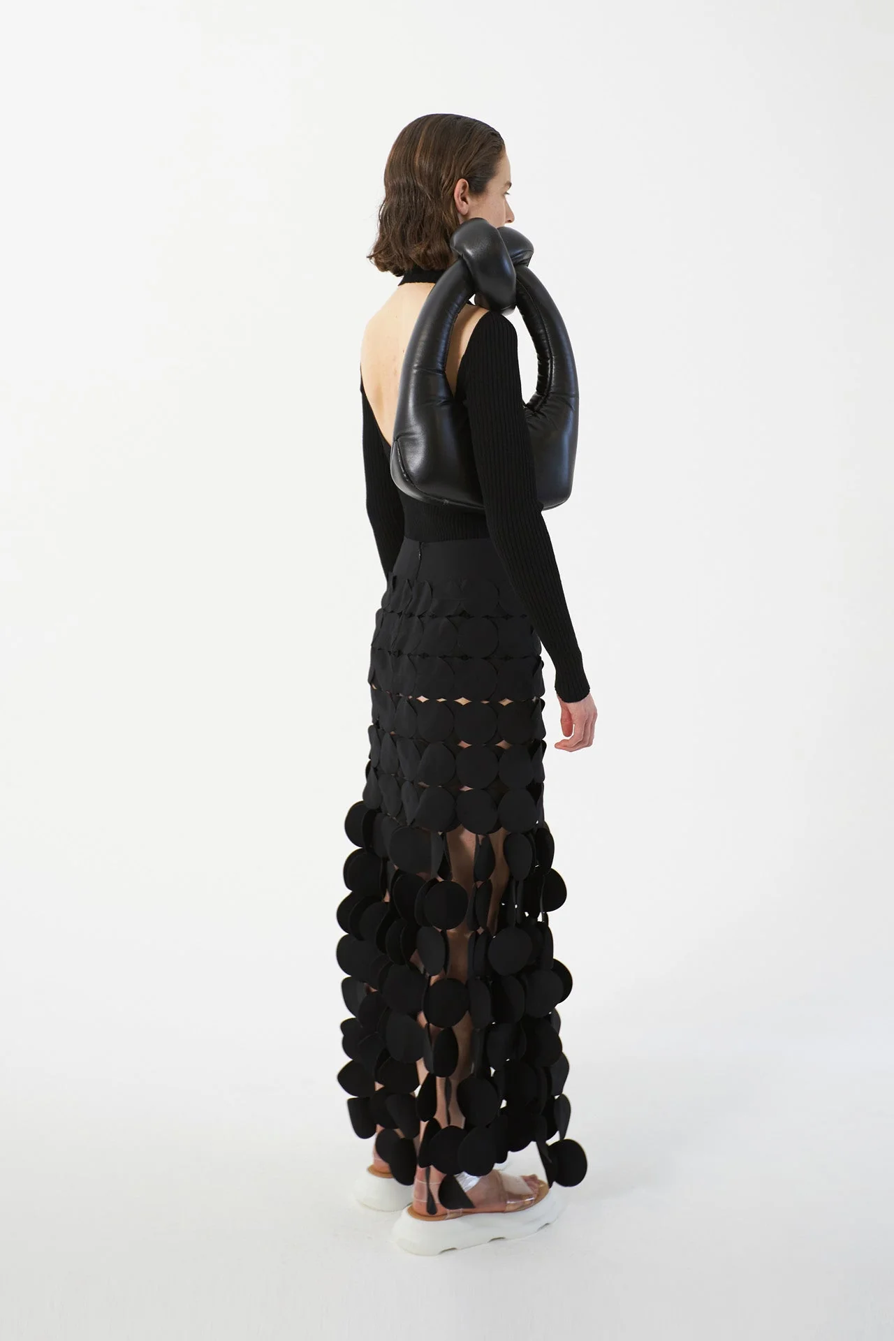 Black Circle Cutout Fringe Skirt with Laser-Cut Detail