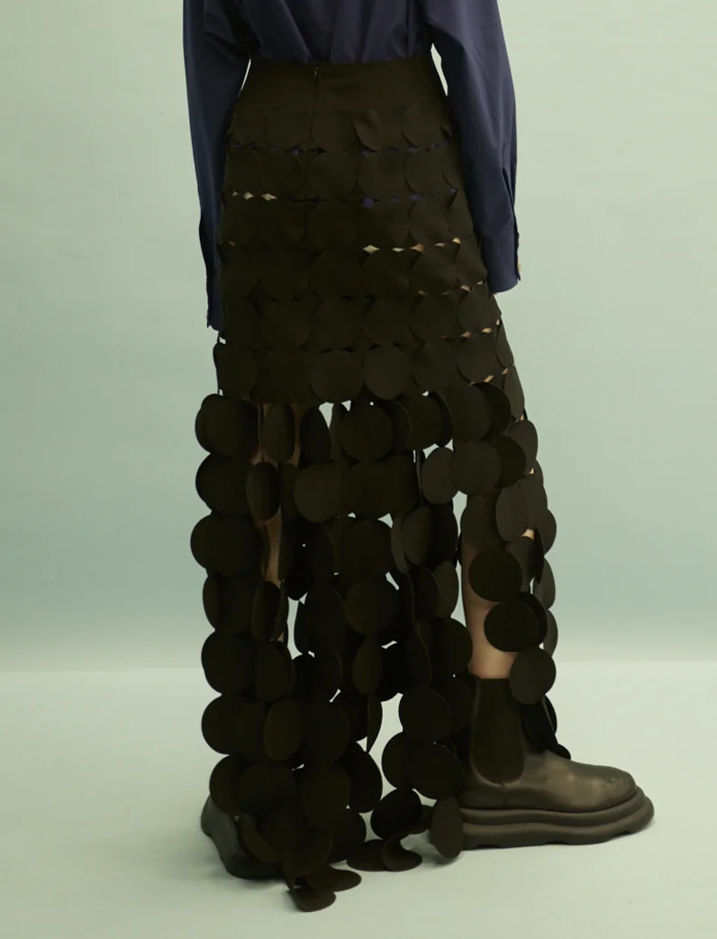 Black Circle Cutout Fringe Skirt with Laser-Cut Detail