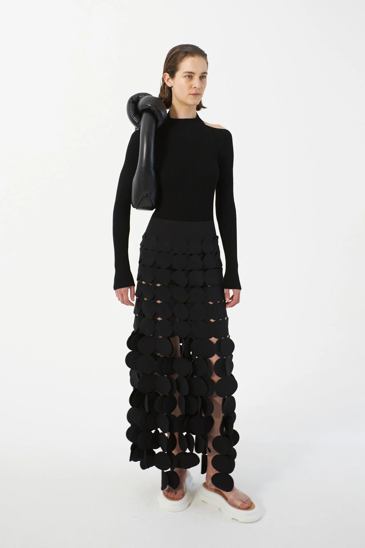 Black Circle Cutout Fringe Skirt with Laser-Cut Detail