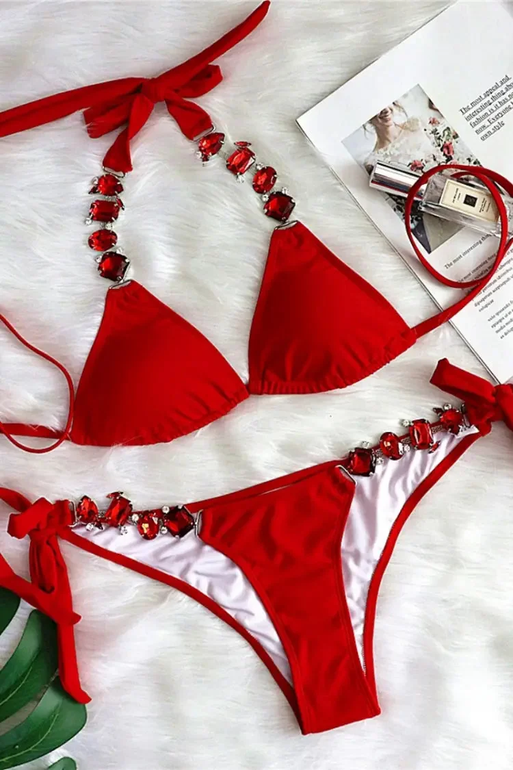 Red Diamante Straps Bikini for Beach Confidence