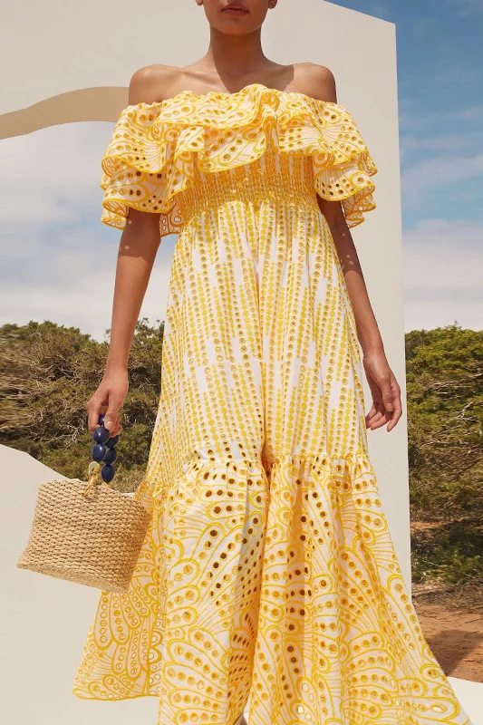 Yellow Off Shoulder Maxi Dress with Ruffles