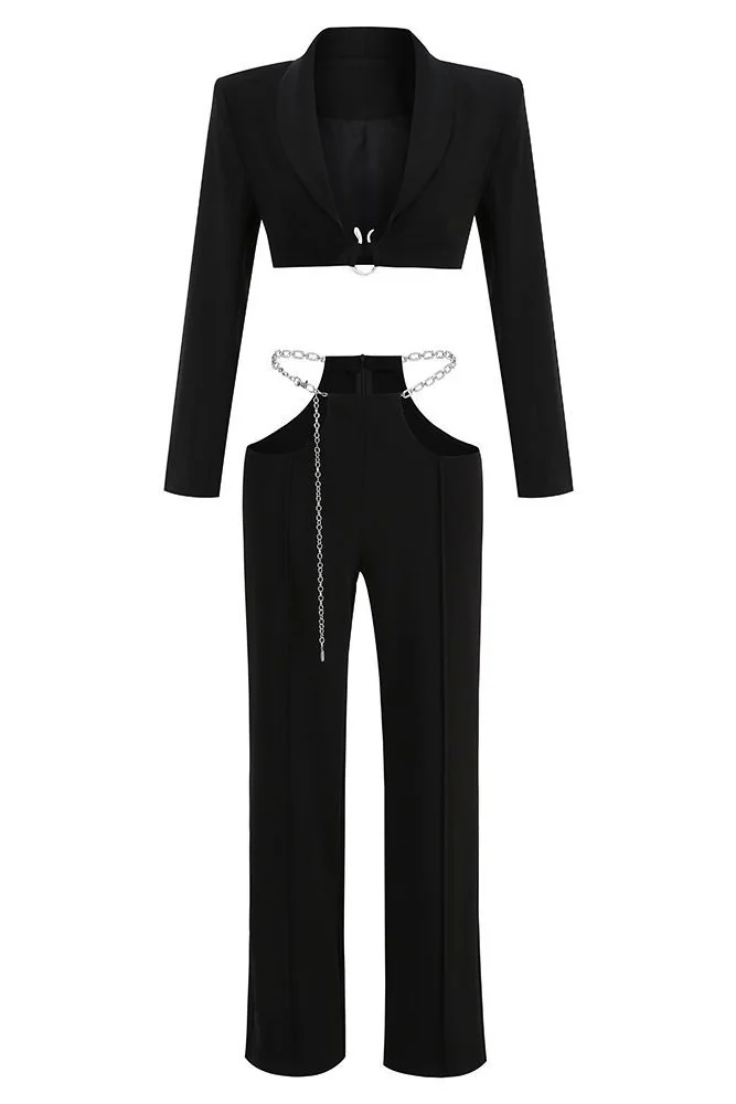 Black Chain Detail Blazer Pant Set by Night Novas