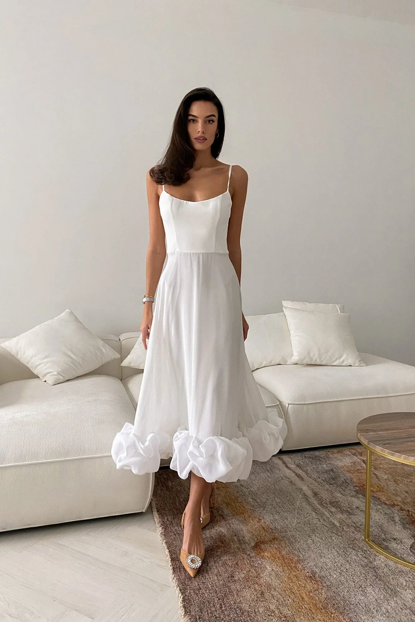 Flounce Bustier Milk Midi Dress