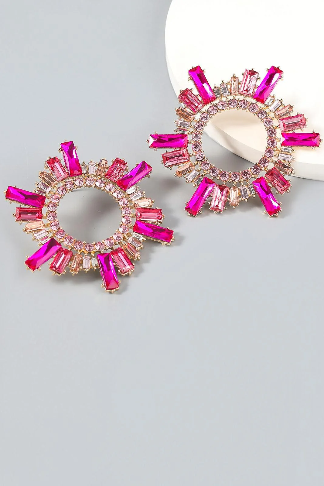 Crystal Hoop Earrings - Elegant Circle Design (Pink/Silver)
