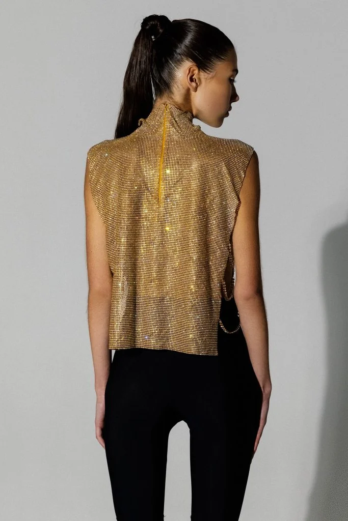 Gold Split Chainmail Top with High Neckline
