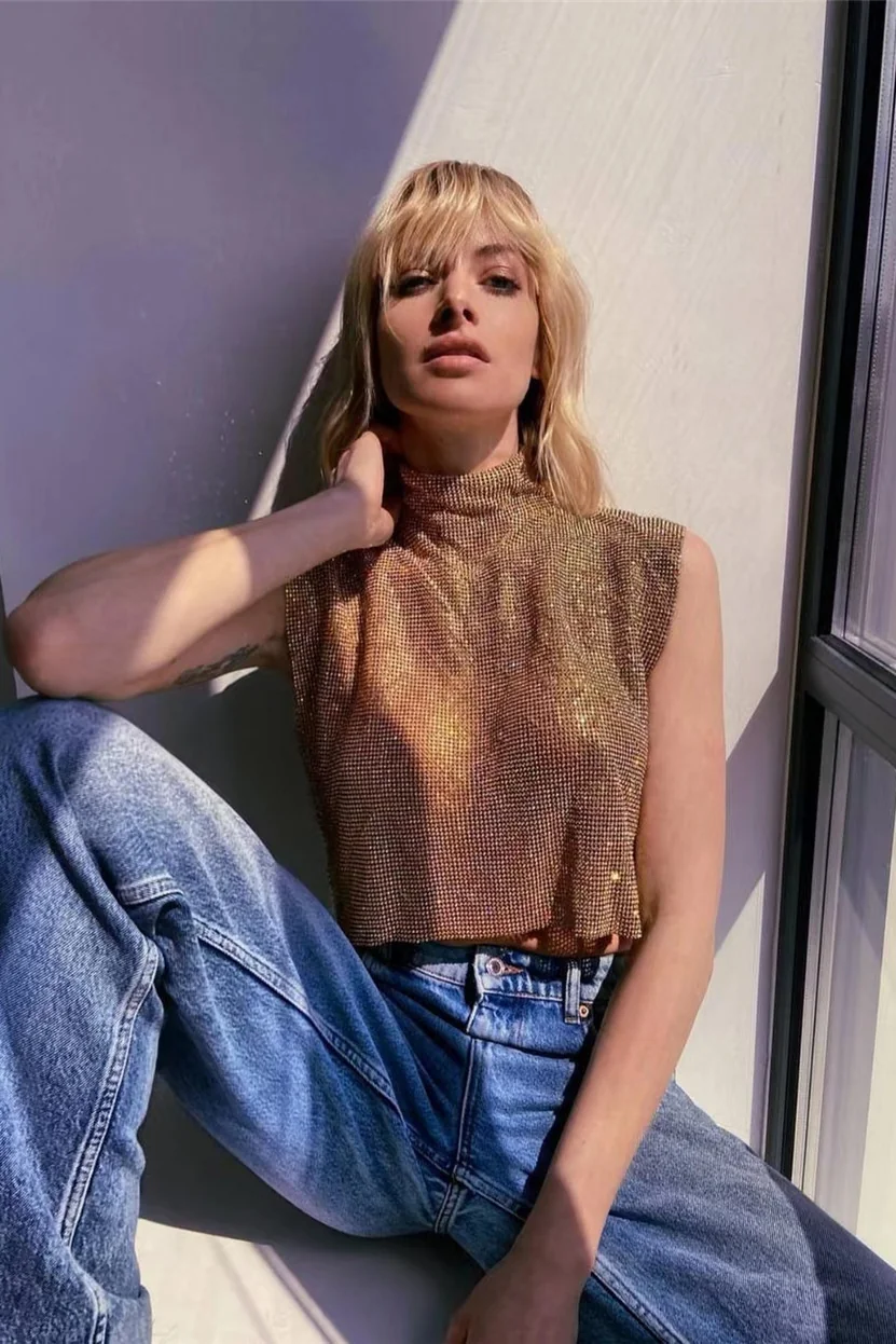 Gold Split Chainmail Top with High Neckline