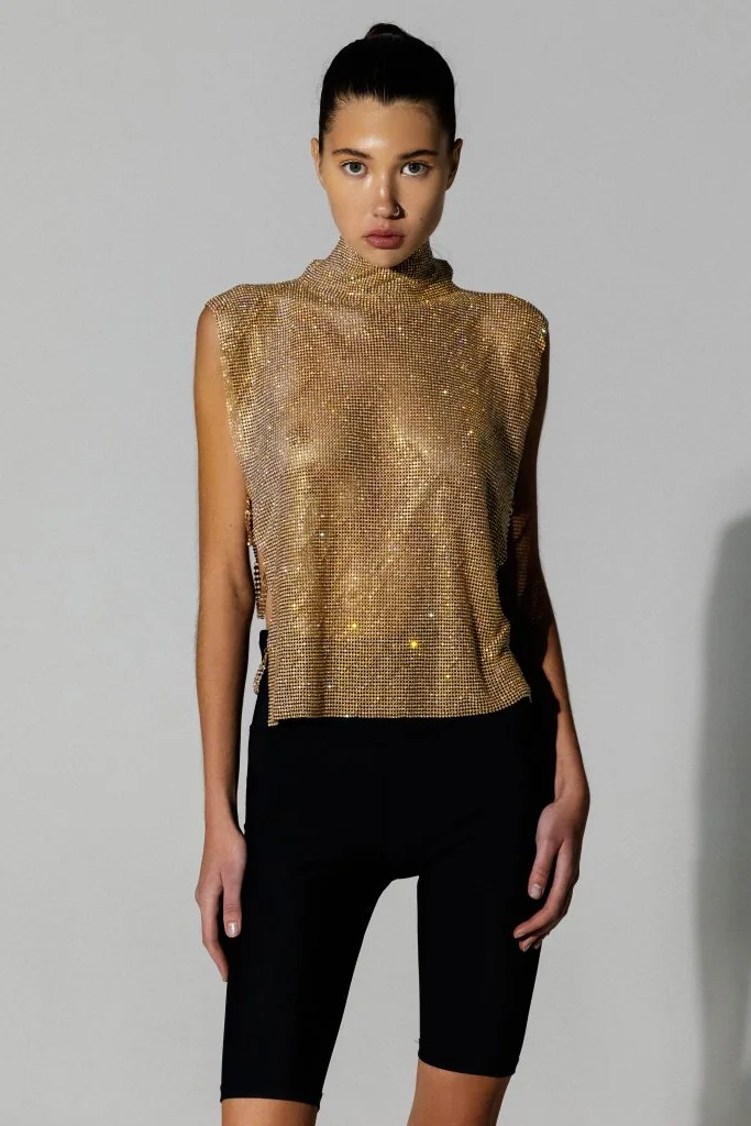 Gold Split Chainmail Top with High Neckline