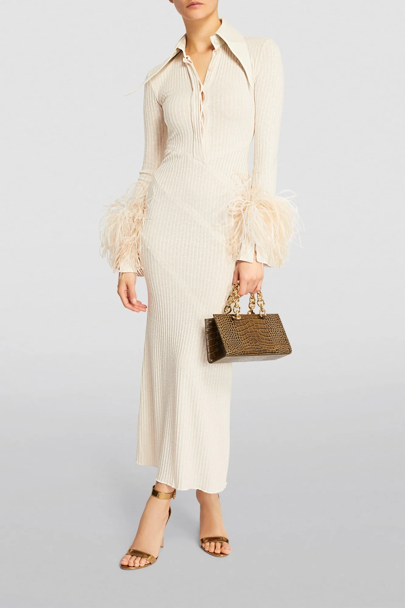 Bandage Long Sleeve Feather Dress - Elegant Yellow Maxi
