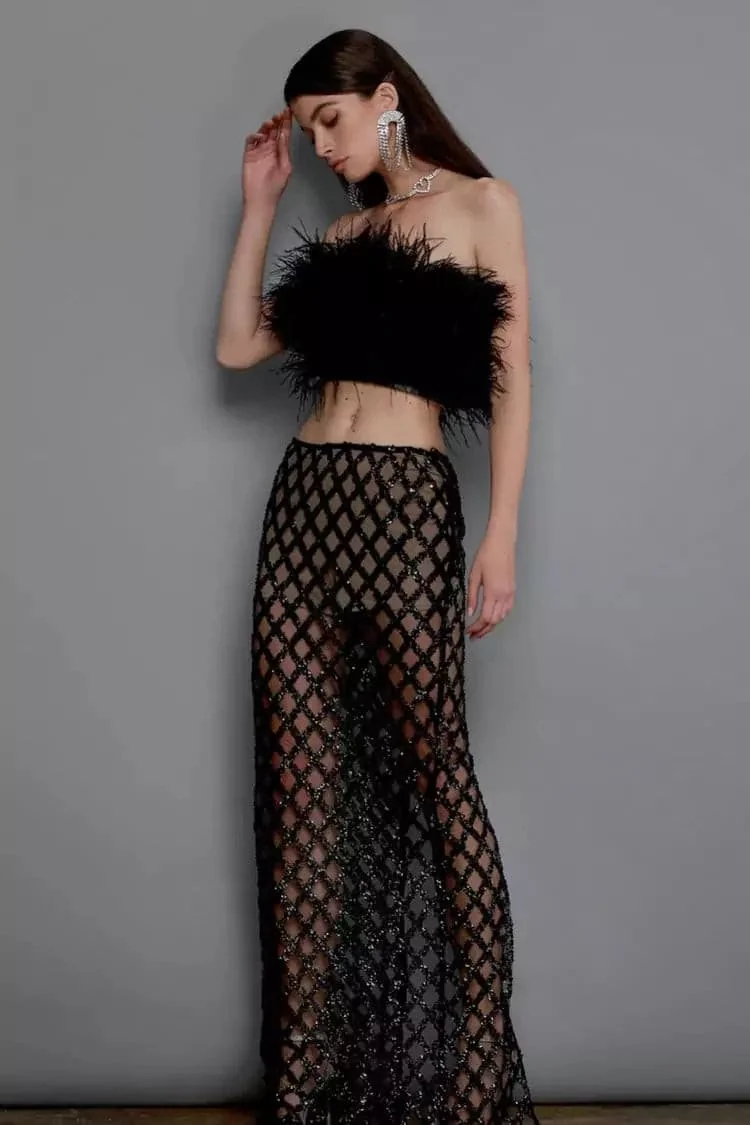 Black Feather Sequin Bandage Dress