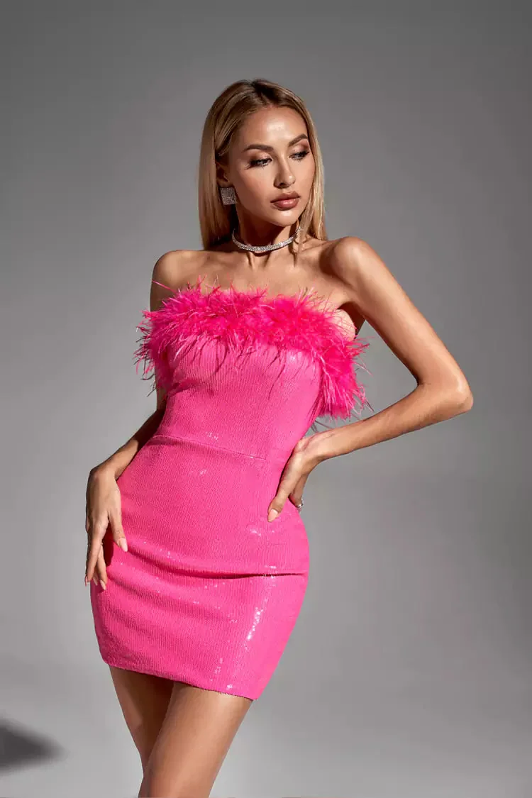 Pink Feather Strapless Party Dress with Sequins