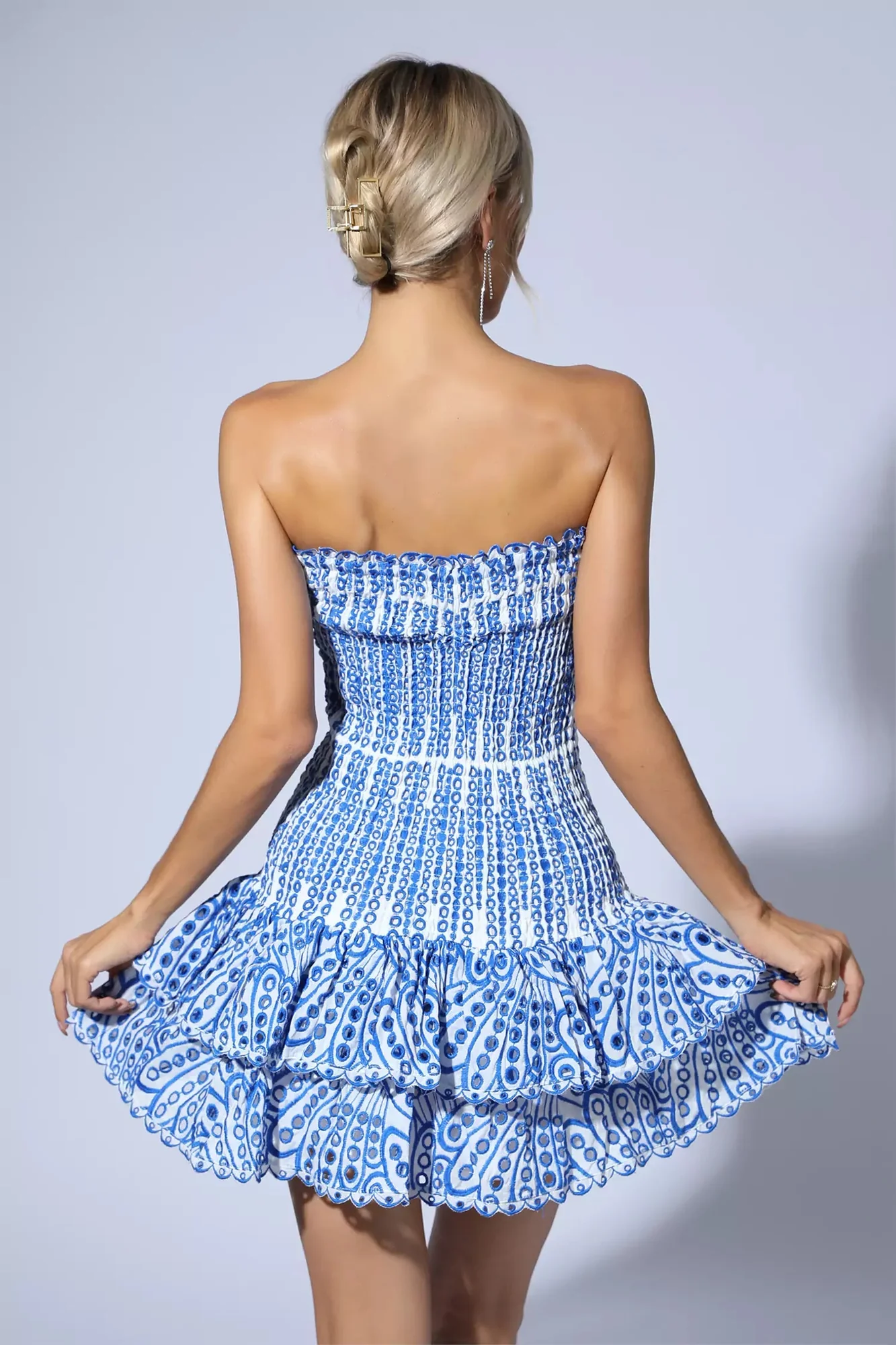 Blue Ruffle Broderie Anglaise Mini Dress