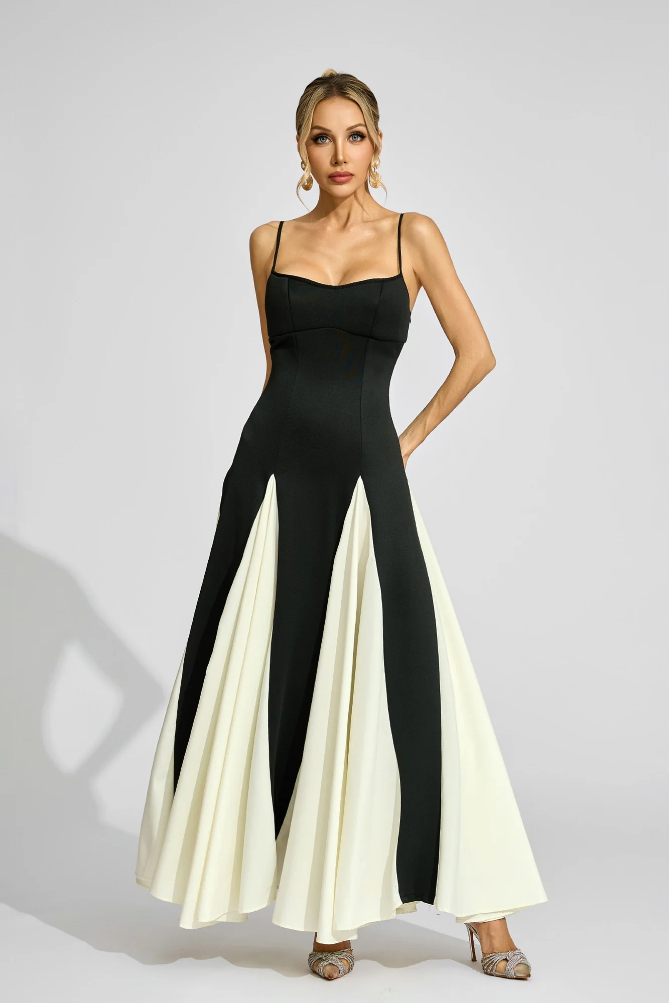 Black Suspender Maxi Dress with Contrast Color Accents