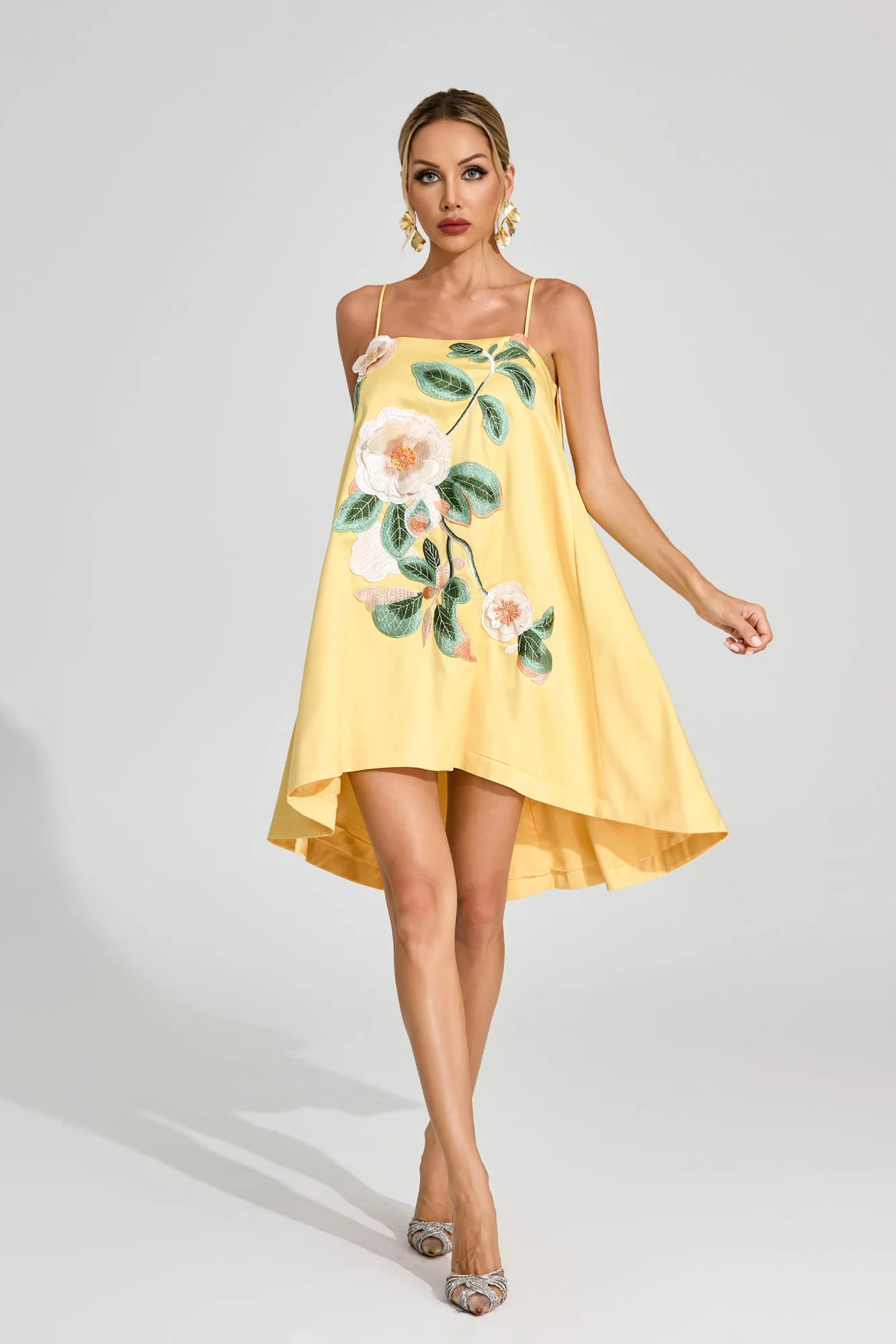 Yellow Floral Embroidered A-Line Mini Dress