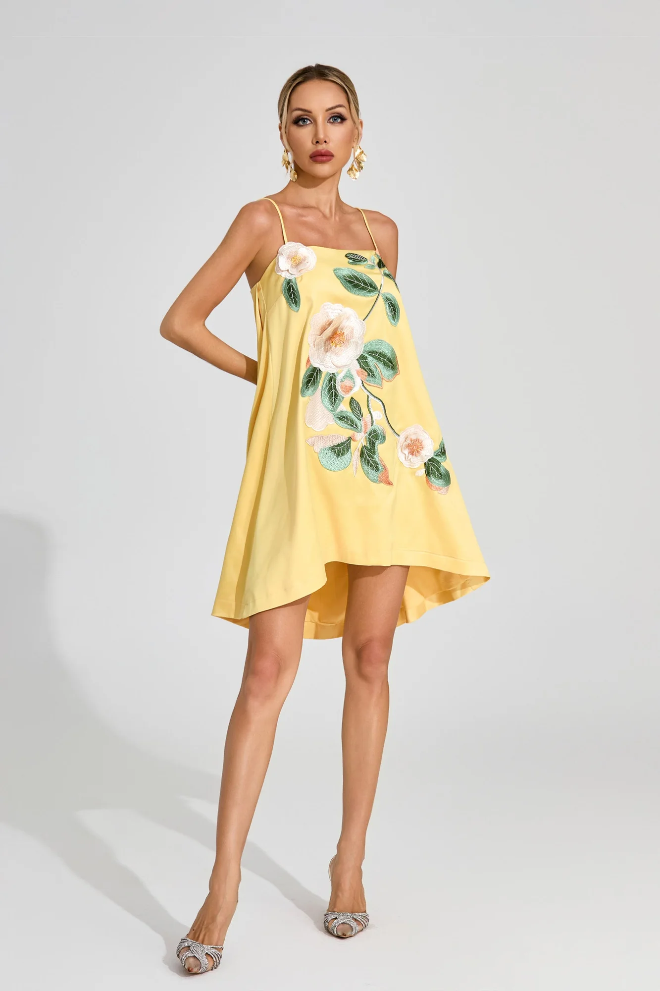Yellow Floral Embroidered A-Line Mini Dress