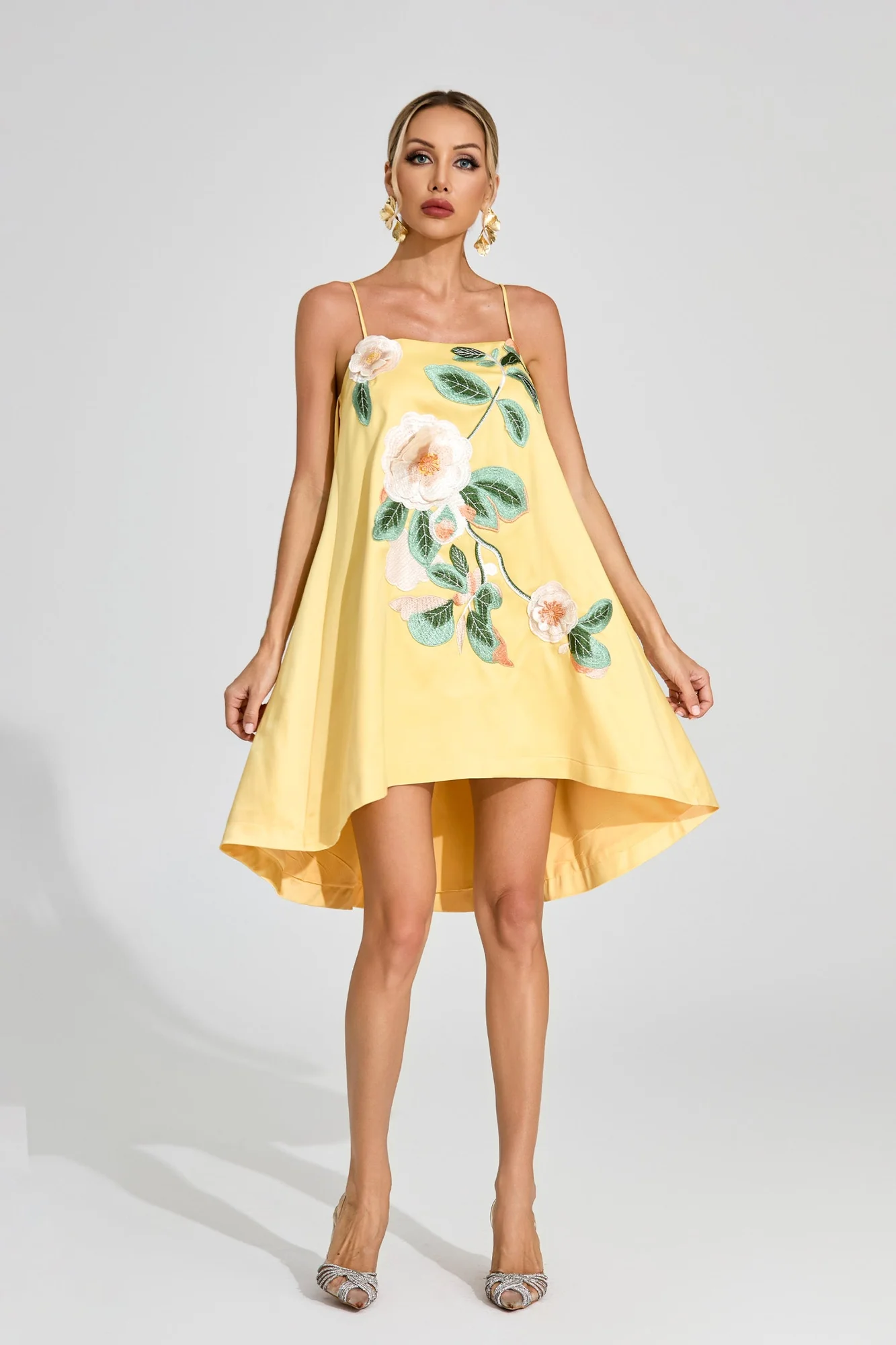 Yellow Floral Embroidered A-Line Mini Dress