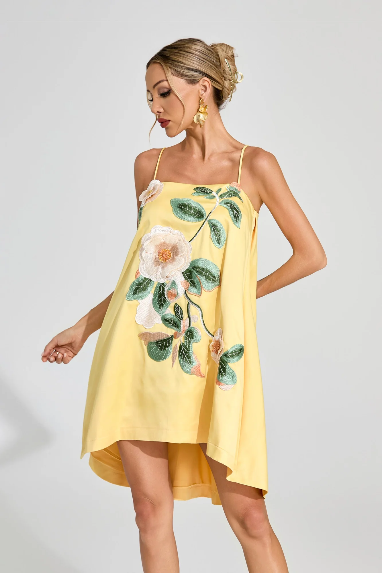 Yellow Floral Embroidered A-Line Mini Dress
