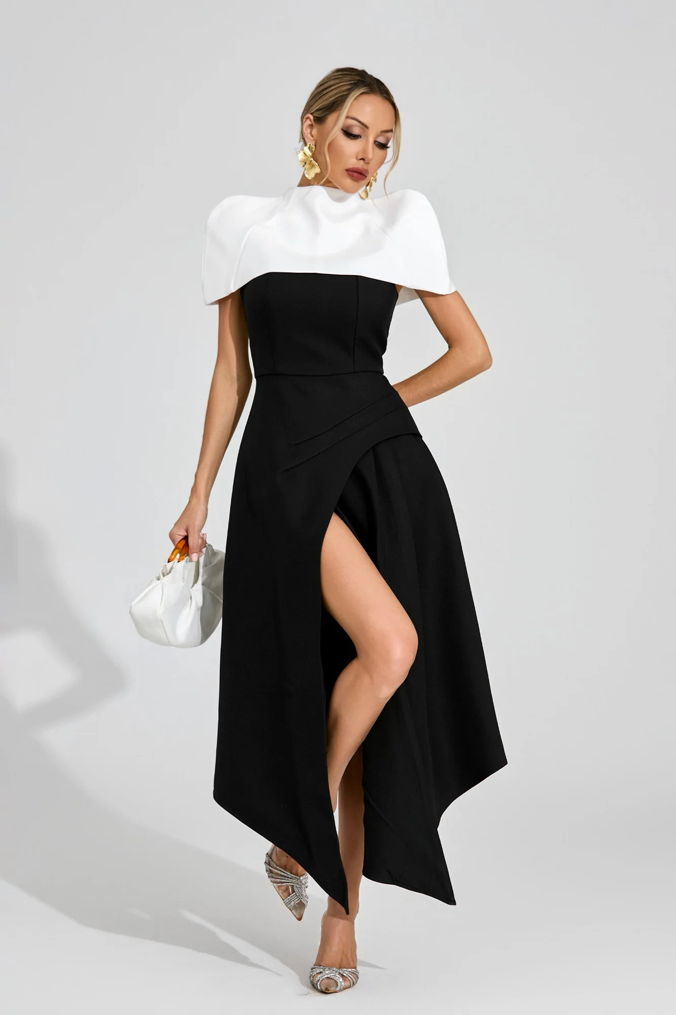 Black Asymmetric Maxi Dress with White Detachable Collar