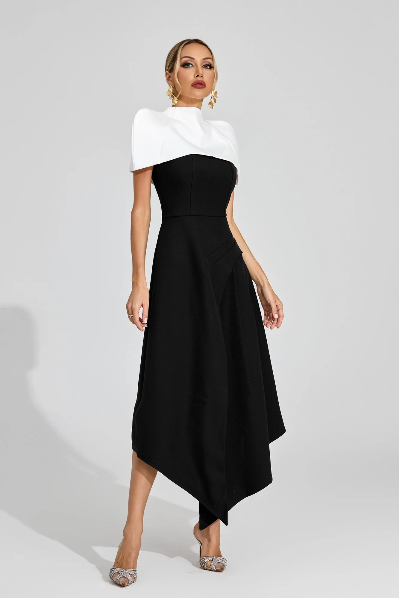 Black Asymmetric Maxi Dress with White Detachable Collar