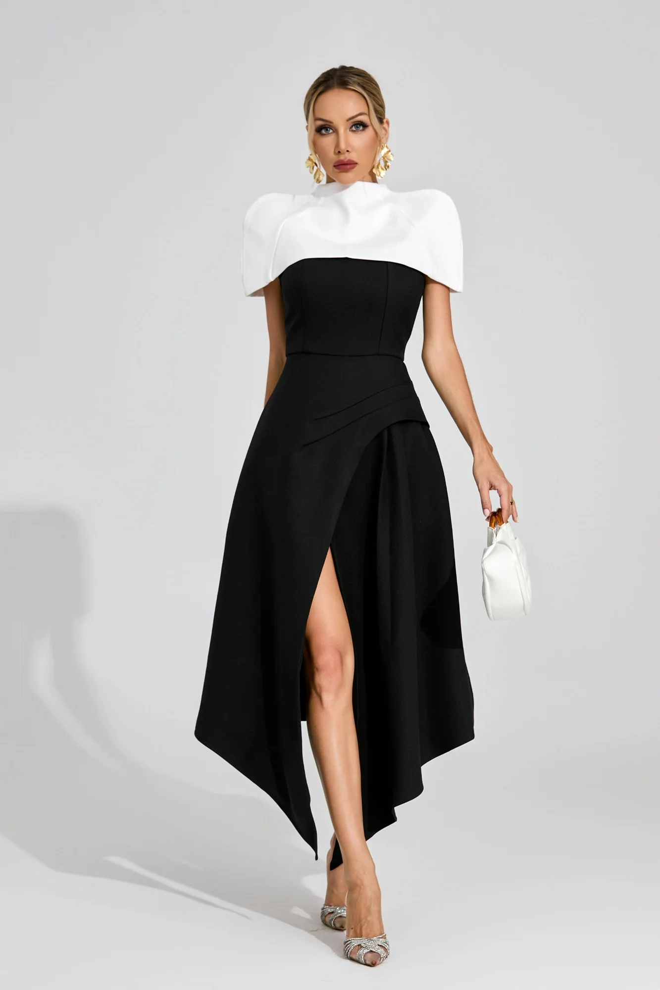 Black Asymmetric Maxi Dress with White Detachable Collar