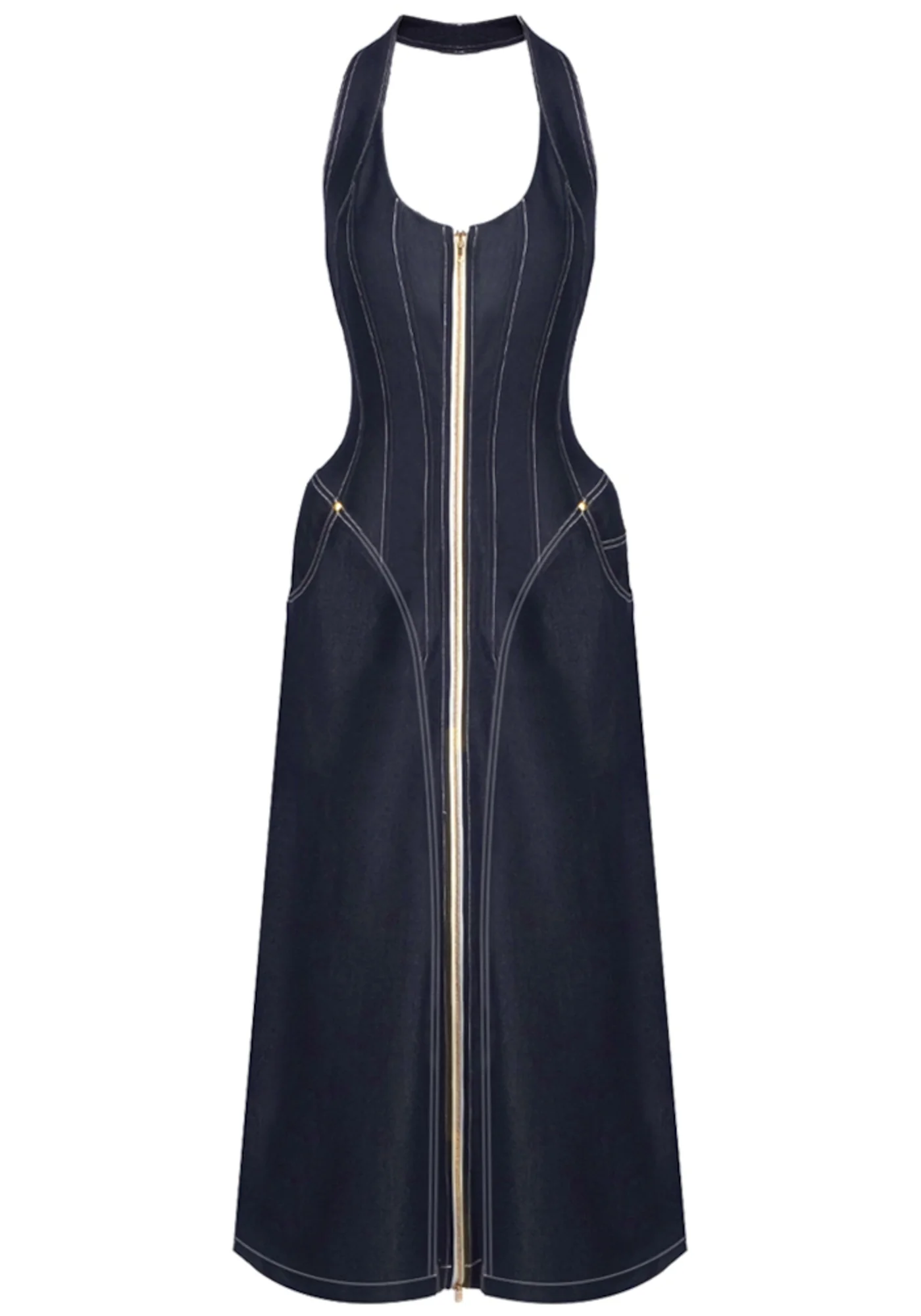 Fyriael Halter Structured A Line Maxi Denim Dress In Black