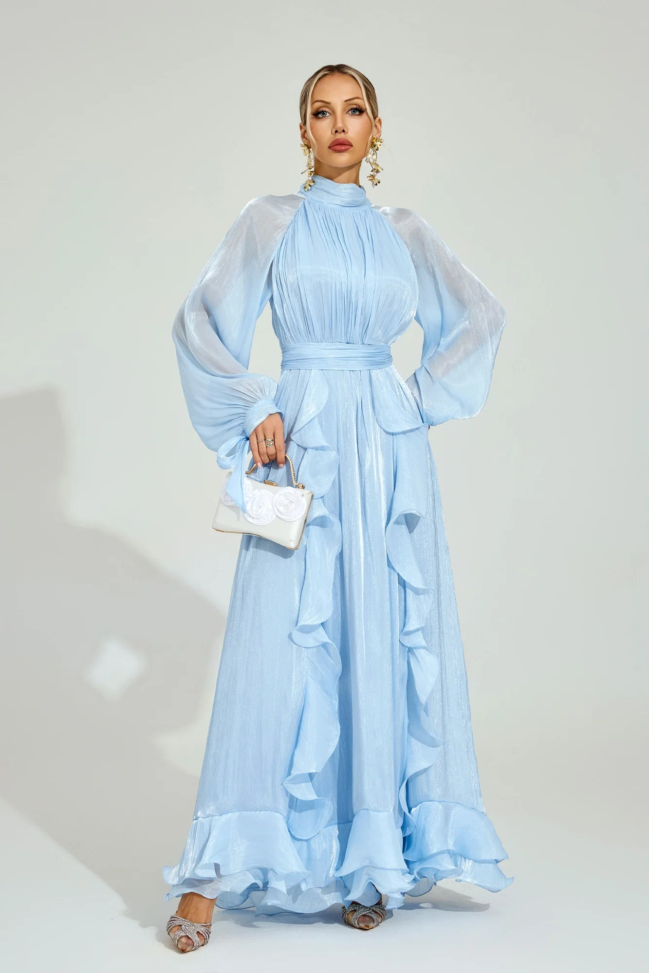 Blue Ruffled Maxi Dress with Sheer Sleeves