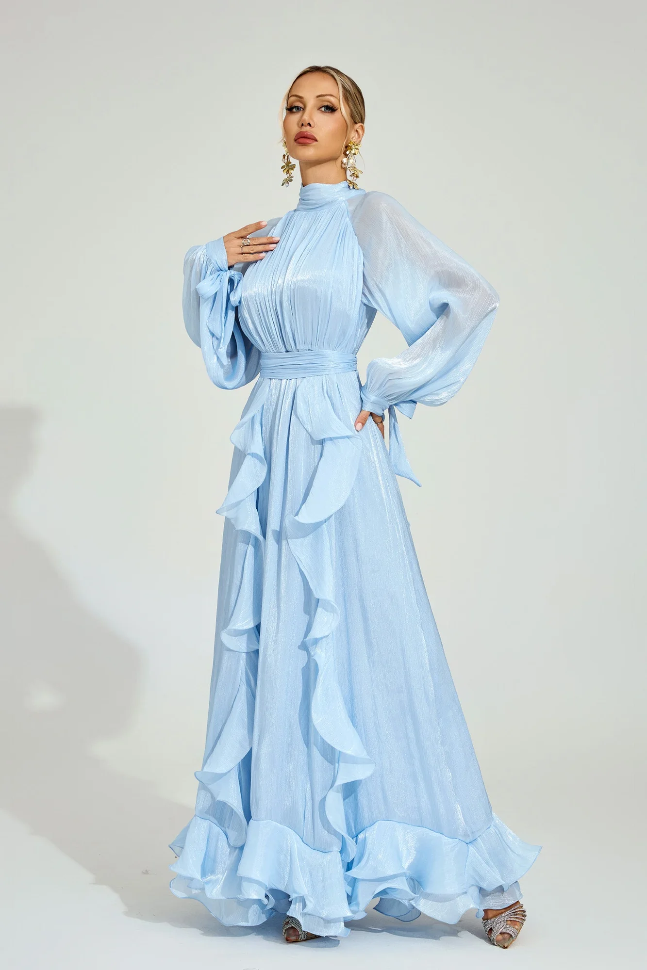 Blue Ruffled Maxi Dress with Sheer Sleeves