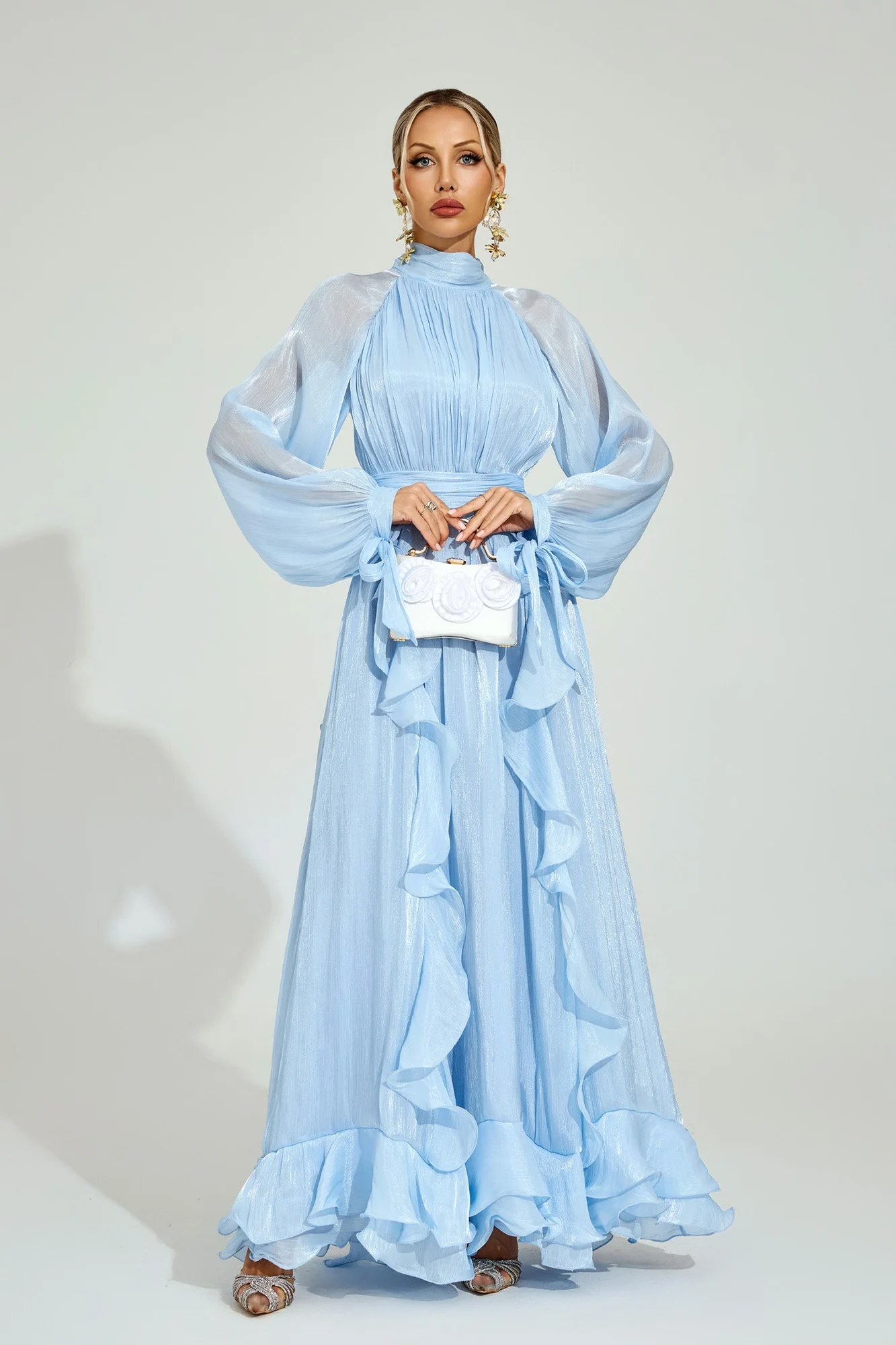 Blue Ruffled Maxi Dress with Sheer Sleeves