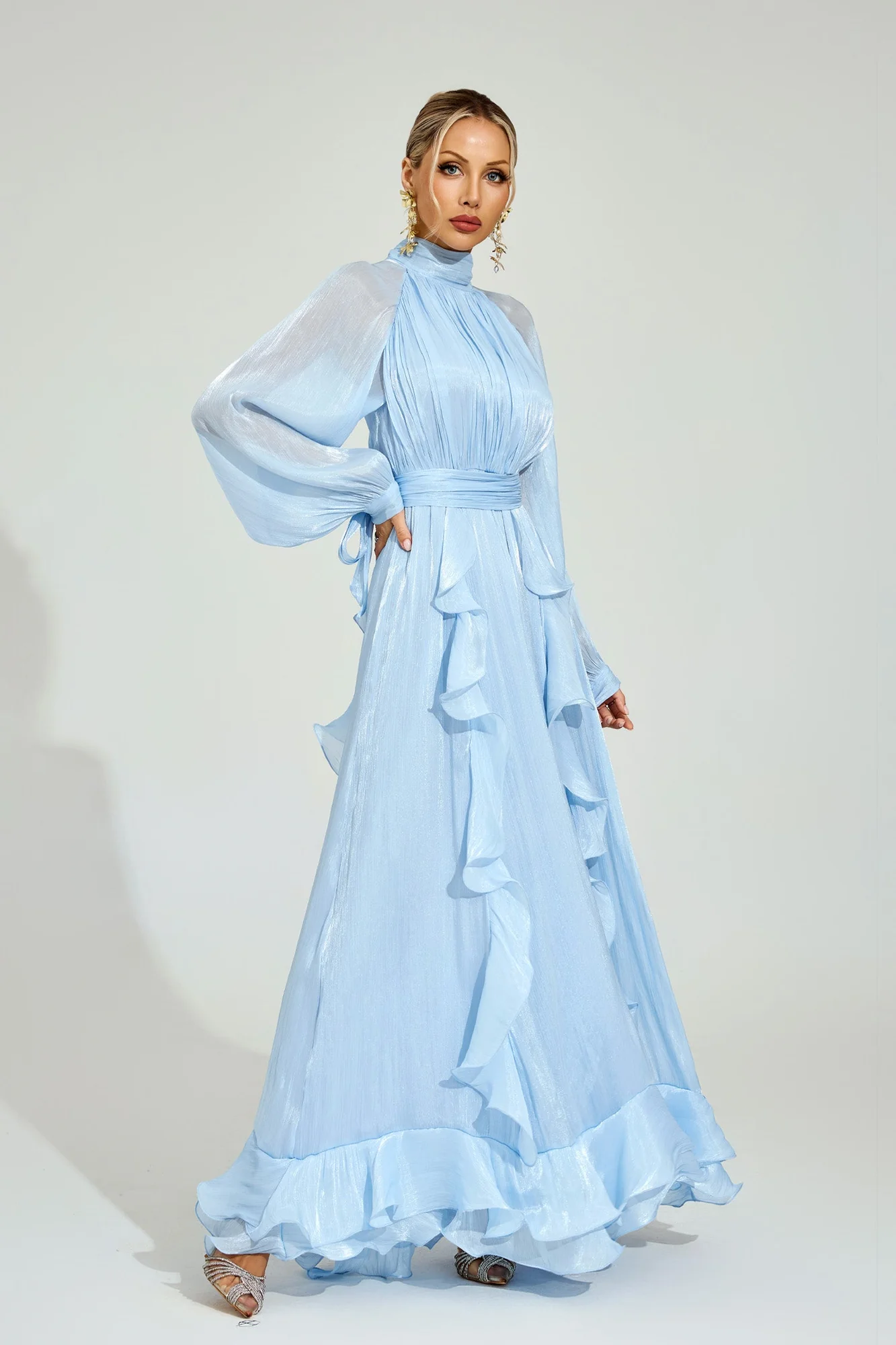 Blue Ruffled Maxi Dress with Sheer Sleeves
