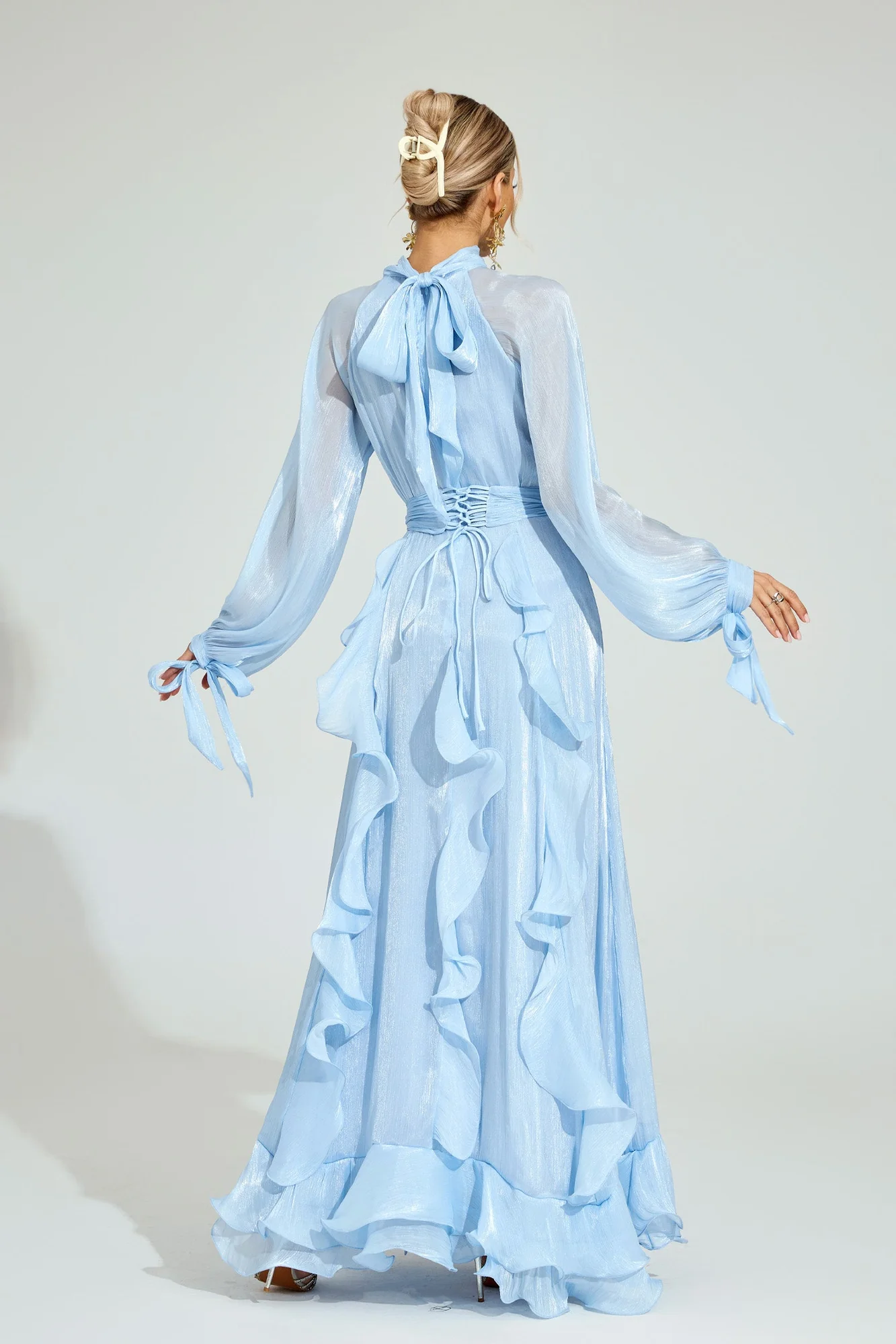 Blue Ruffled Maxi Dress with Sheer Sleeves