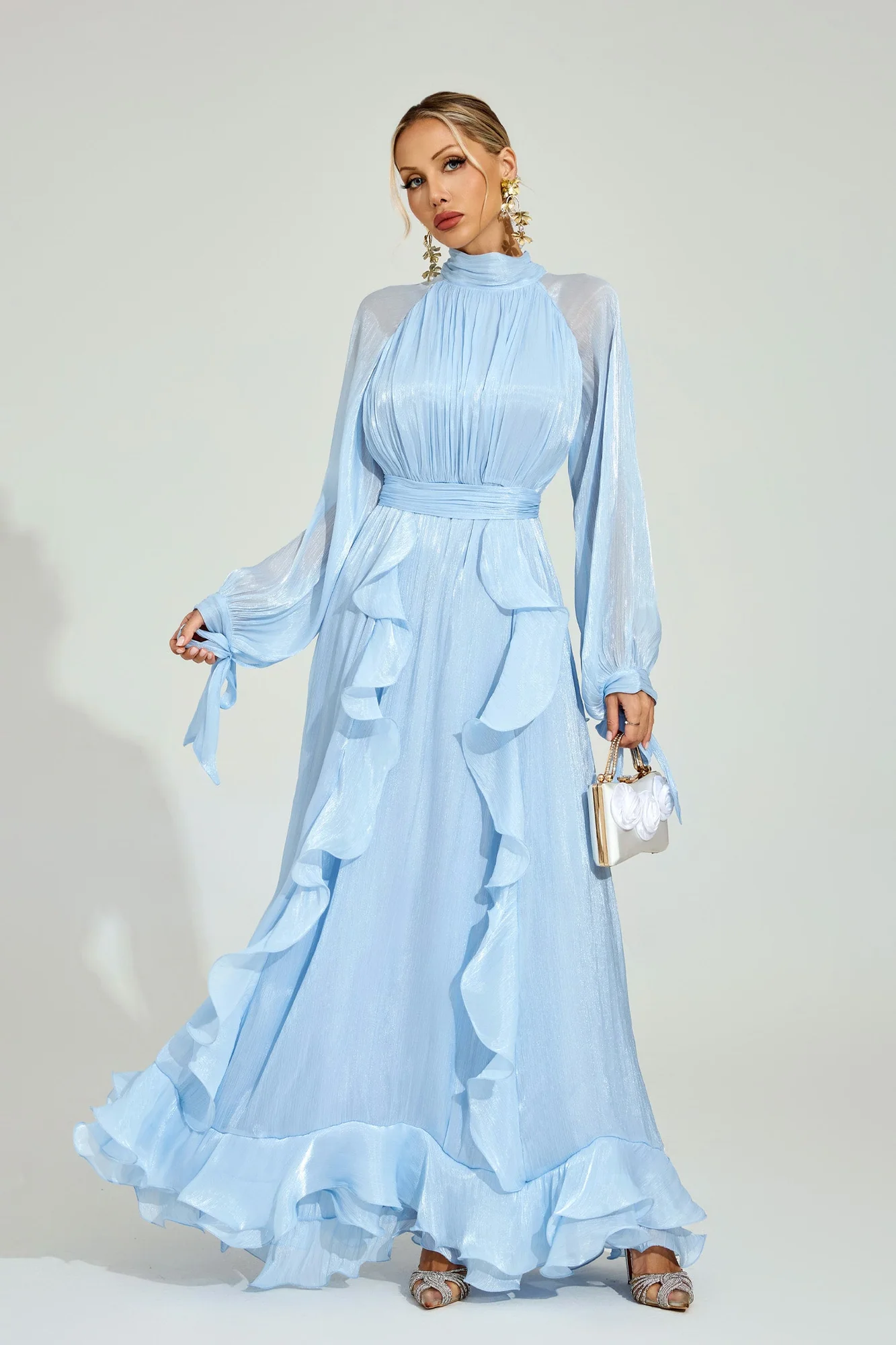Blue Ruffled Maxi Dress with Sheer Sleeves