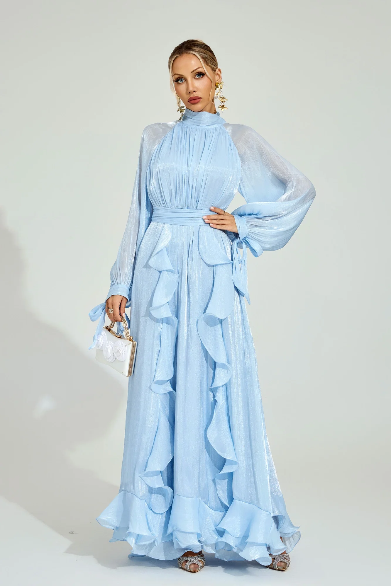 Blue Ruffled Maxi Dress with Sheer Sleeves