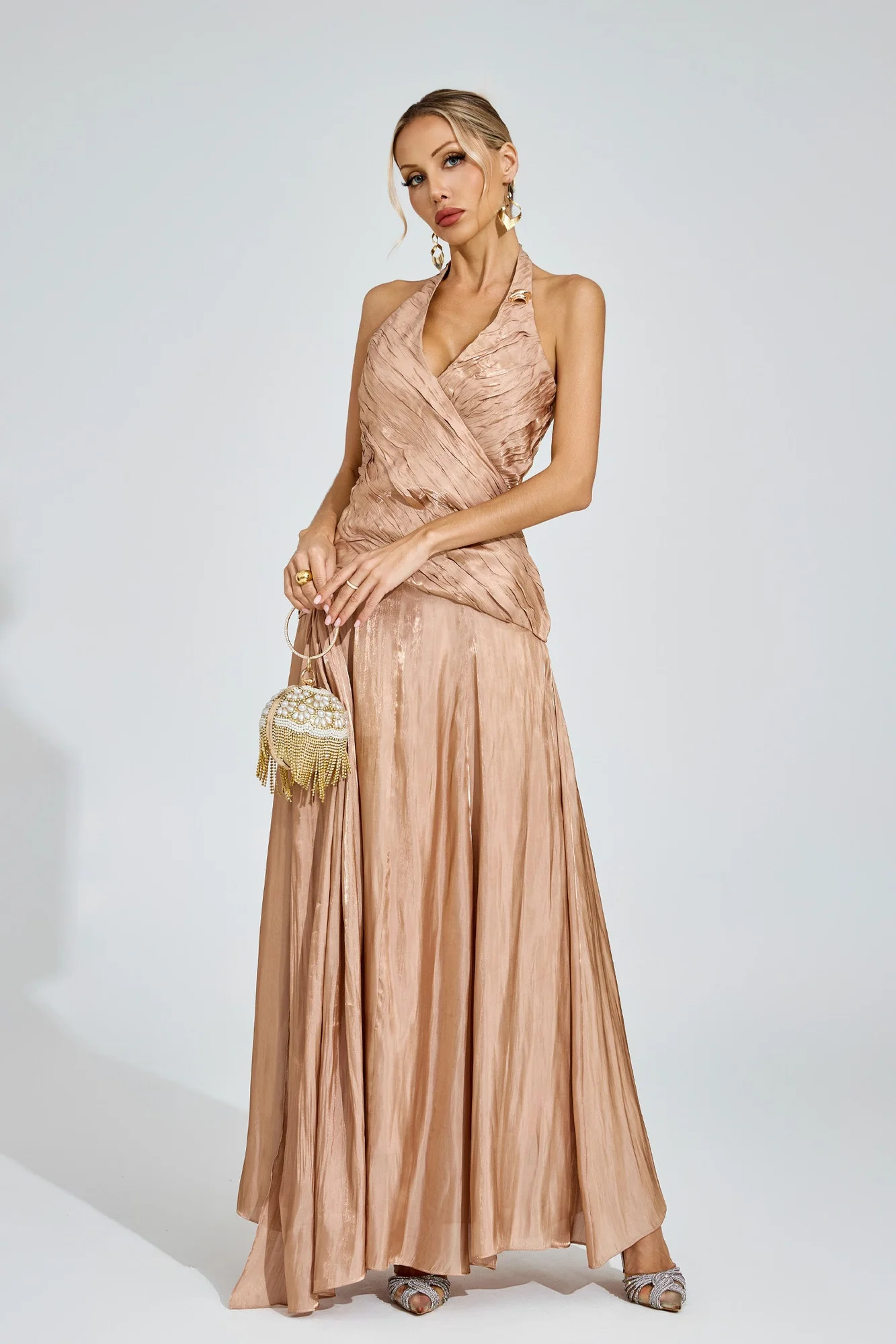 Champagne Halter Maxi Dress - Elegant Evening Gown