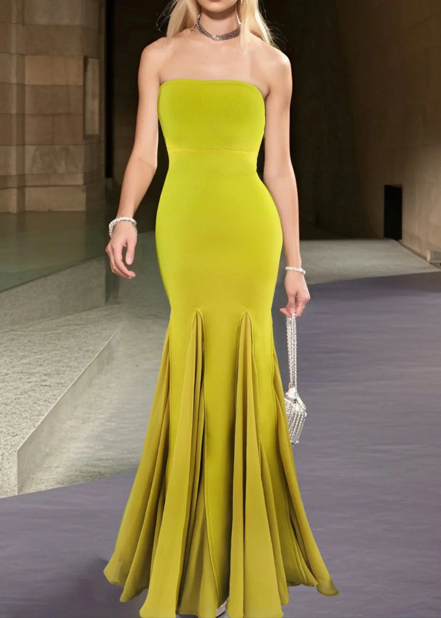 Lime A-Line Maxi Dress with Strapless Design