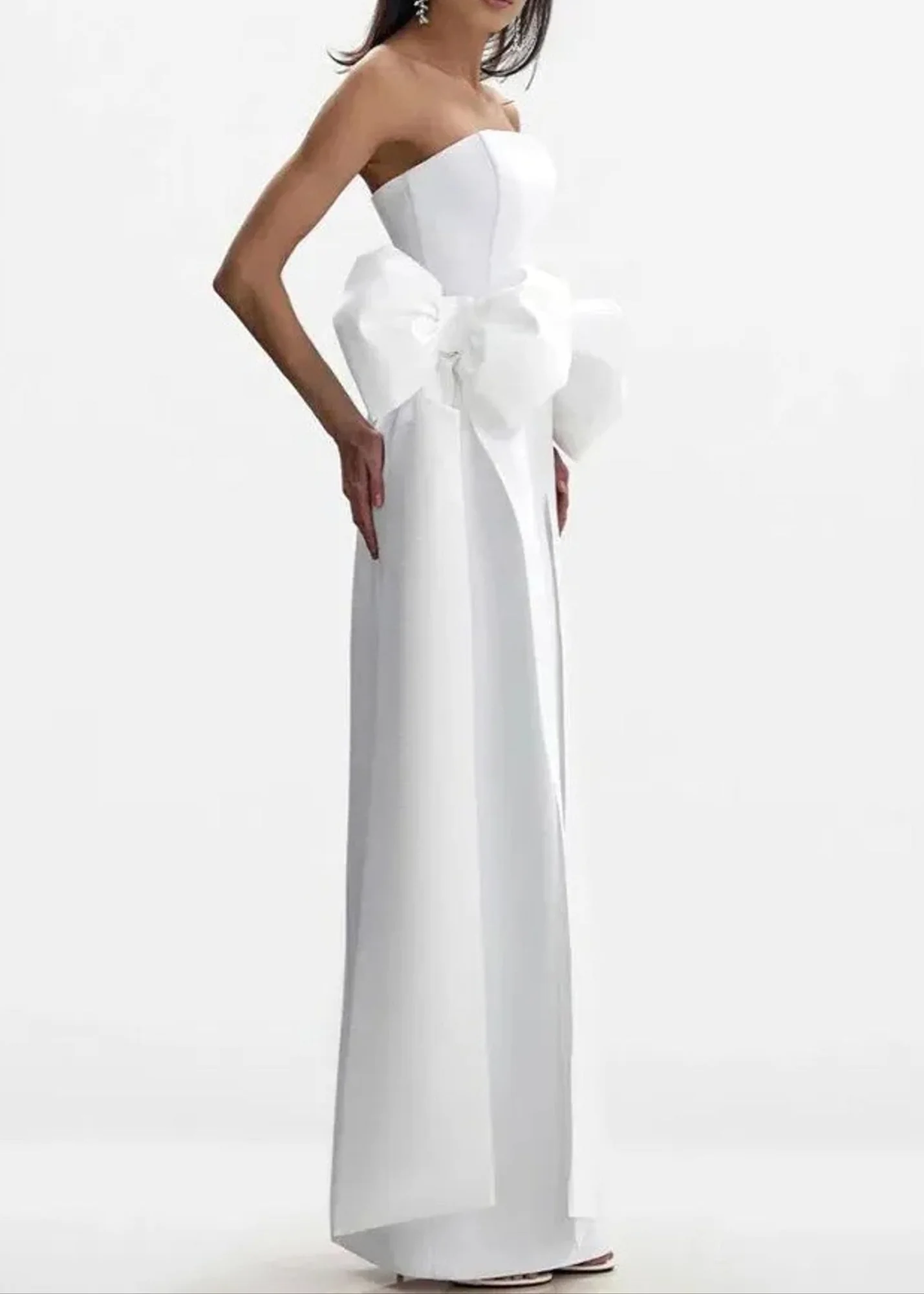 White Strapless Bow Maxi Dress With Concealed Back Zipper