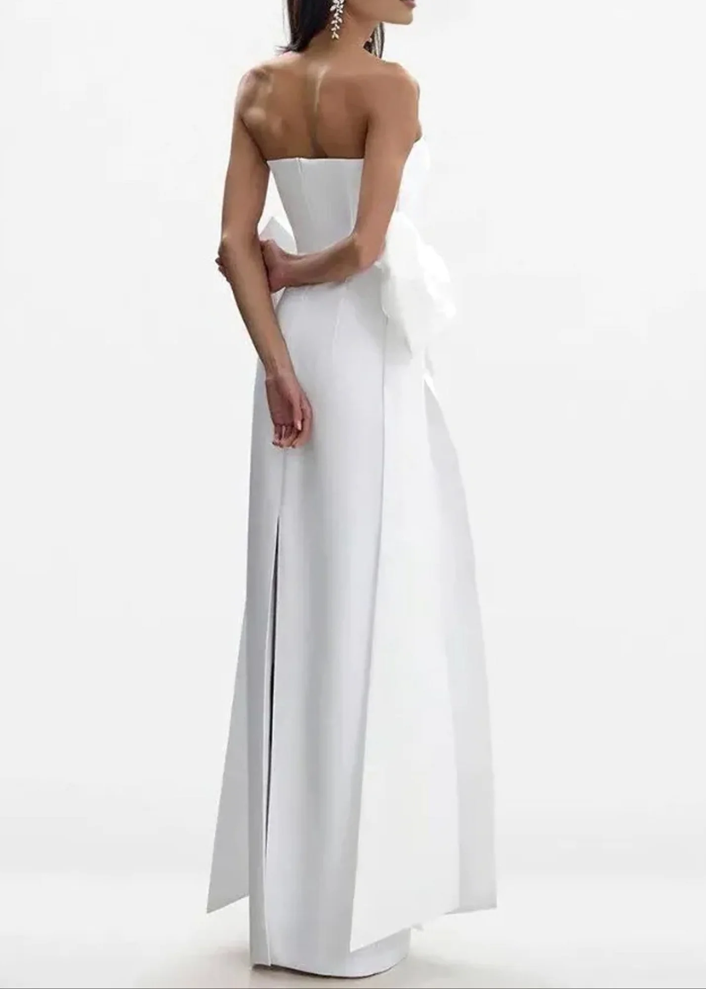White Strapless Bow Maxi Dress With Concealed Back Zipper
